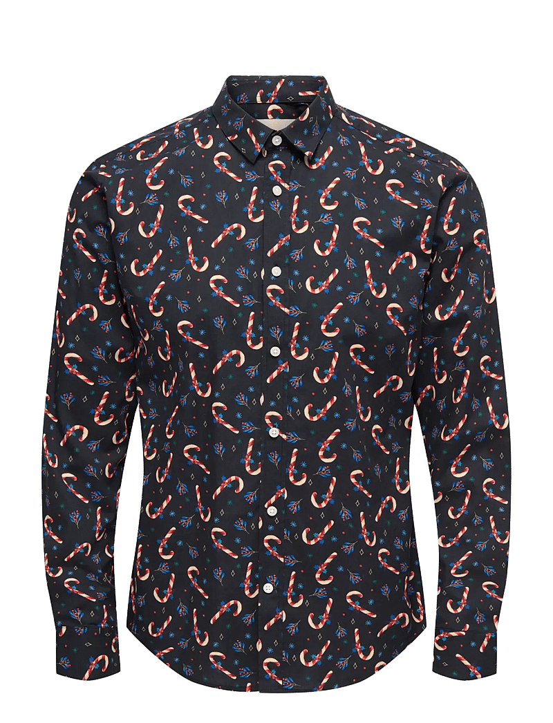 ONLY & SONS - ONSELF XMAS AOP SLIM POPLIN LS SHIRT - mustriga särgid - black - 1