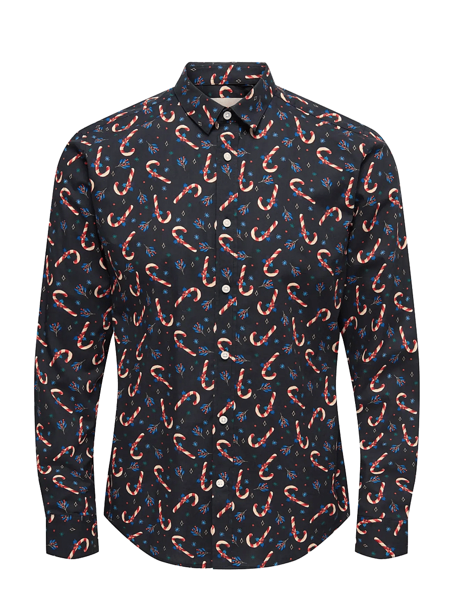 ONLY & SONS - ONSELF XMAS AOP SLIM POPLIN LS SHIRT - mustriga särgid - black - 1