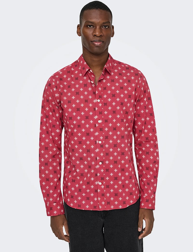 ONLY & SONS - ONSELF XMAS AOP SLIM POPLIN LS SHIRT - mustriga särgid - karanda red - 4