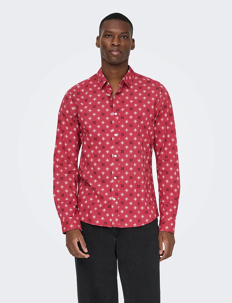 ONLY & SONS - ONSELF XMAS AOP SLIM POPLIN LS SHIRT - mustriga särgid - karanda red - 5