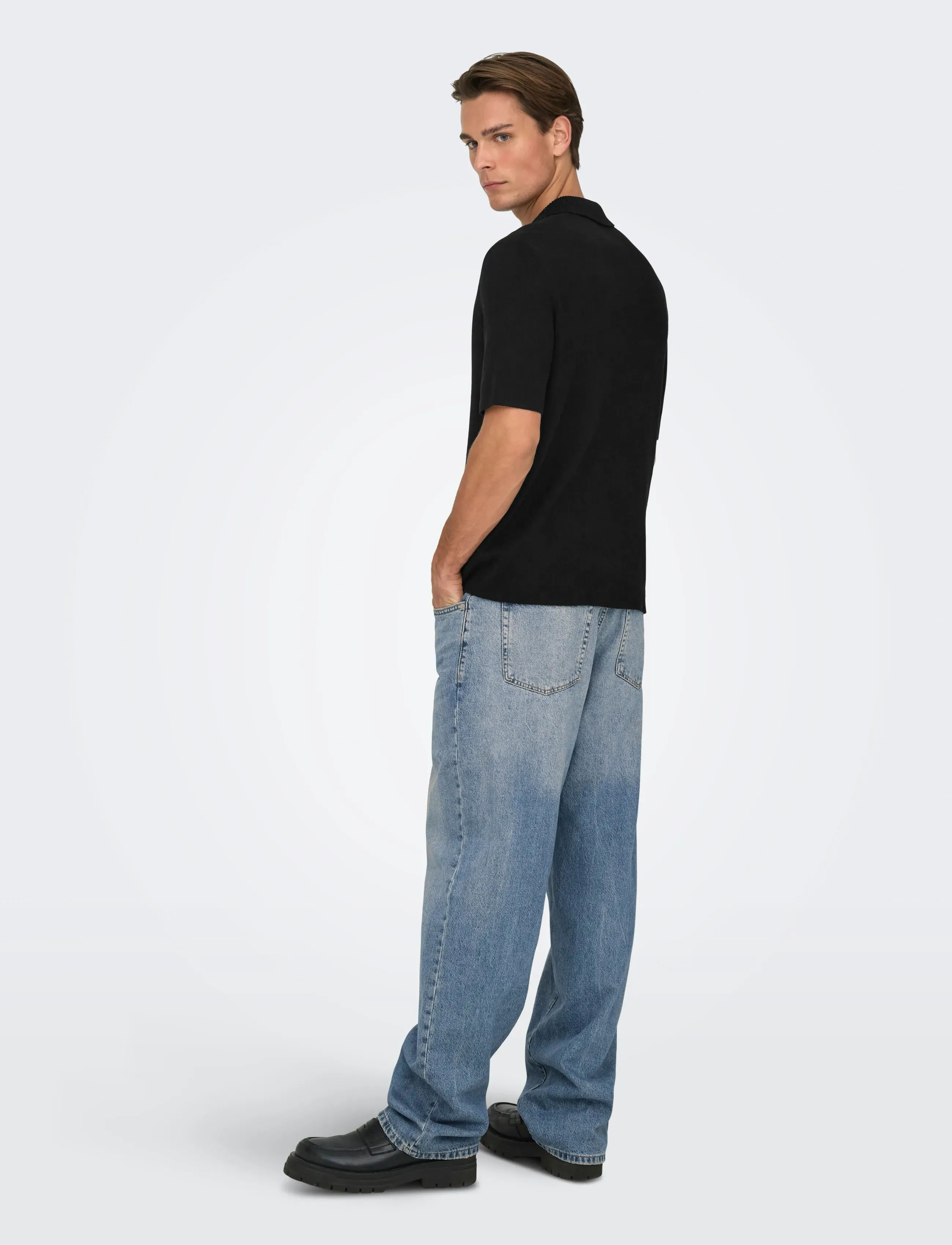 ONLY & SONS - ONSTRAVIS REG 12 SS MEL KNIT NOOS - kootud polosärgid - black - 3