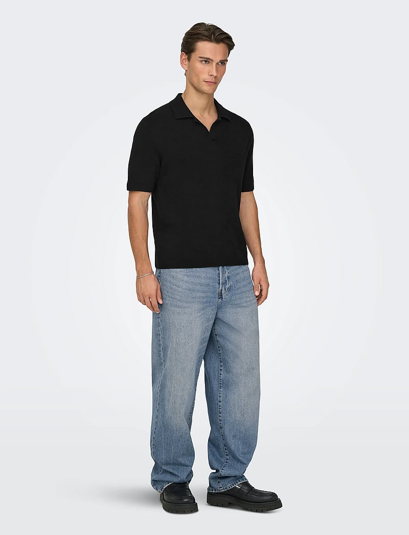 ONLY & SONS - ONSTRAVIS REG 12 SS MEL KNIT NOOS - gestrickte polohemden - black - 4