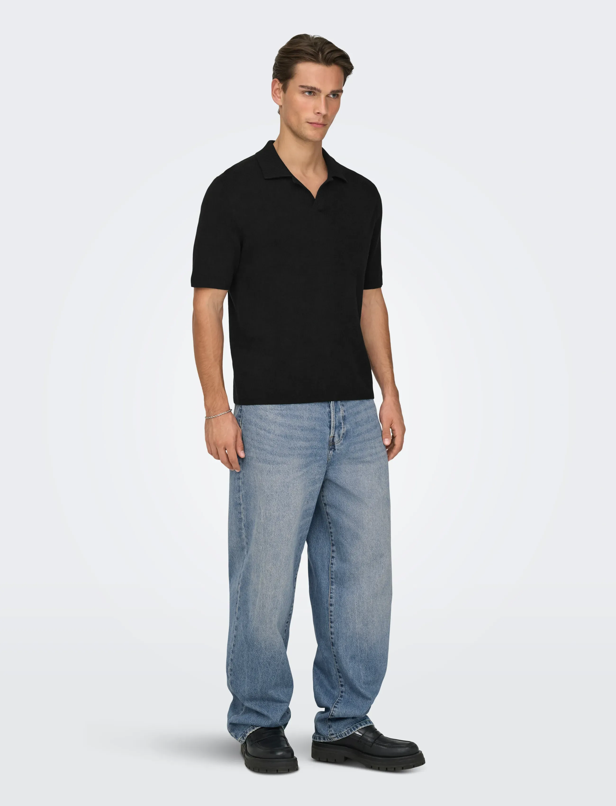 ONLY & SONS - ONSTRAVIS REG 12 SS MEL KNIT NOOS - kootud polosärgid - black - 4