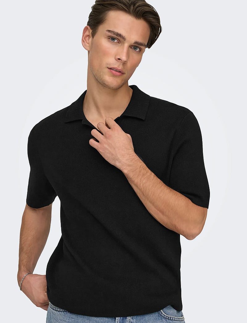 ONLY & SONS - ONSTRAVIS REG 12 SS MEL KNIT NOOS - gestrickte polohemden - black - 5