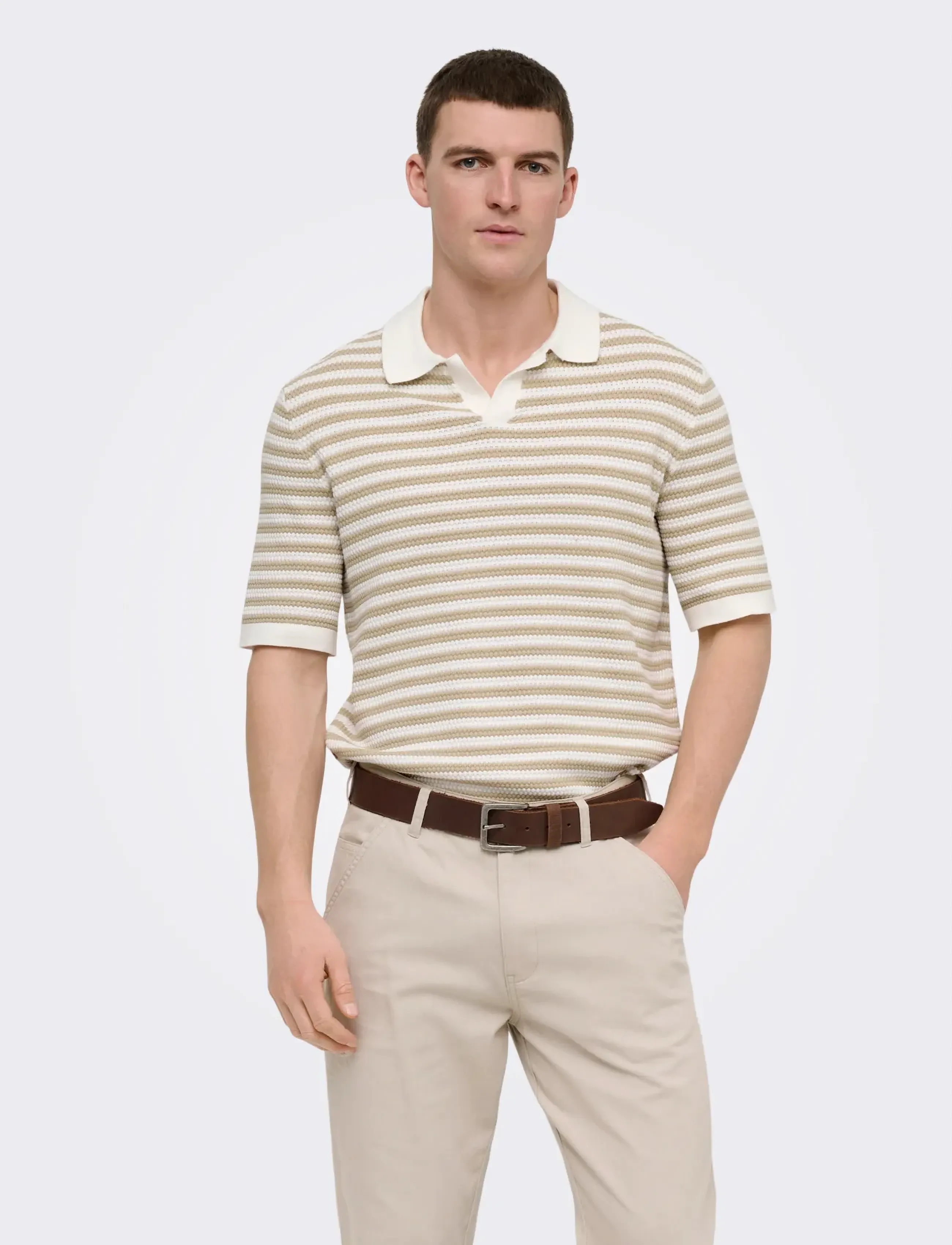 ONLY & SONS Onsserge Reg Ss Split Neck Knit, S, Knitwear, Creme - Short Sleeve Knitted Polos, Männerswear