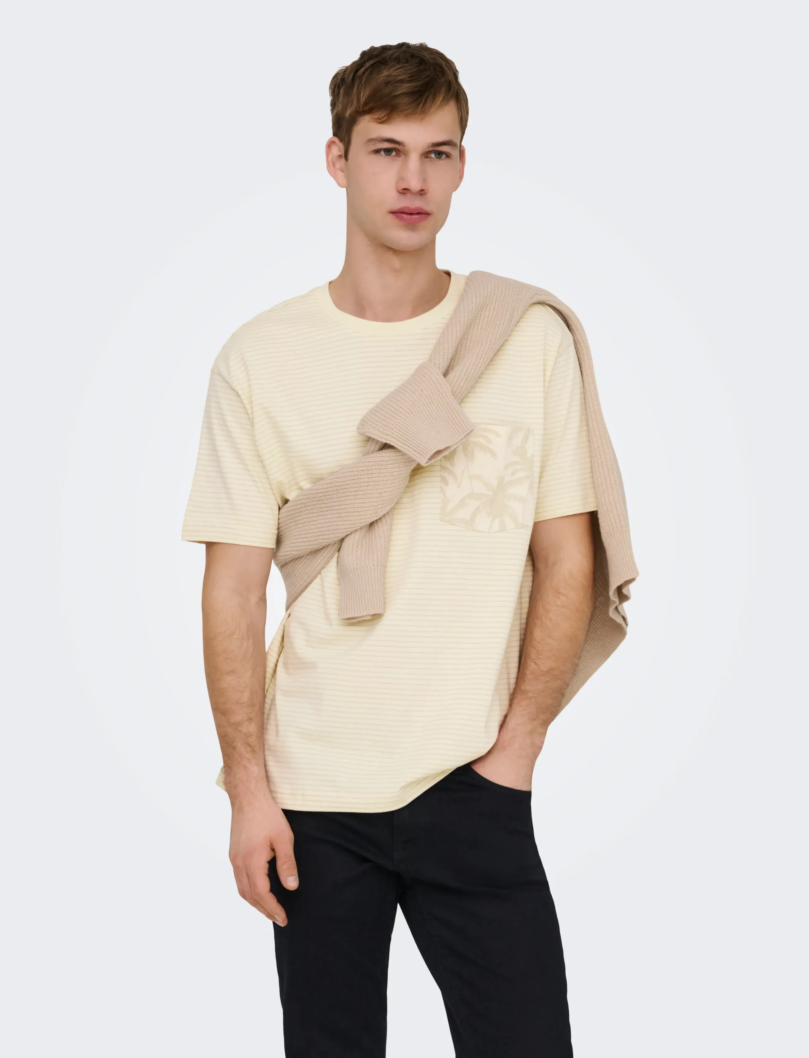ONLY & SONS ONSFRED STRIPE LIFE RLX LEAF SS PCKT TEE - Riided - ANTIQUE WHITE / cream