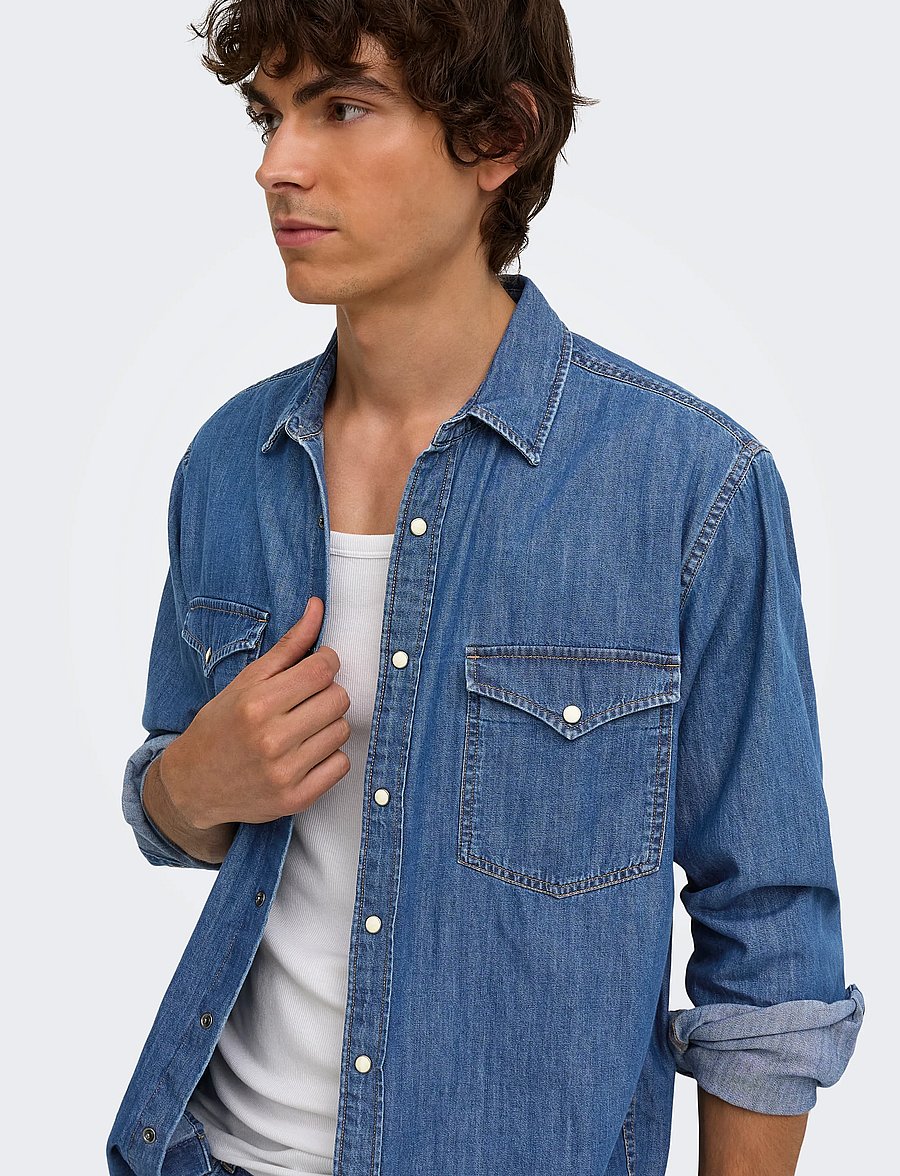 ONLY & SONS - ONSRAY WESTERN REG LS SHIRT NOOS - casual skjortor - medium blue denim - 5