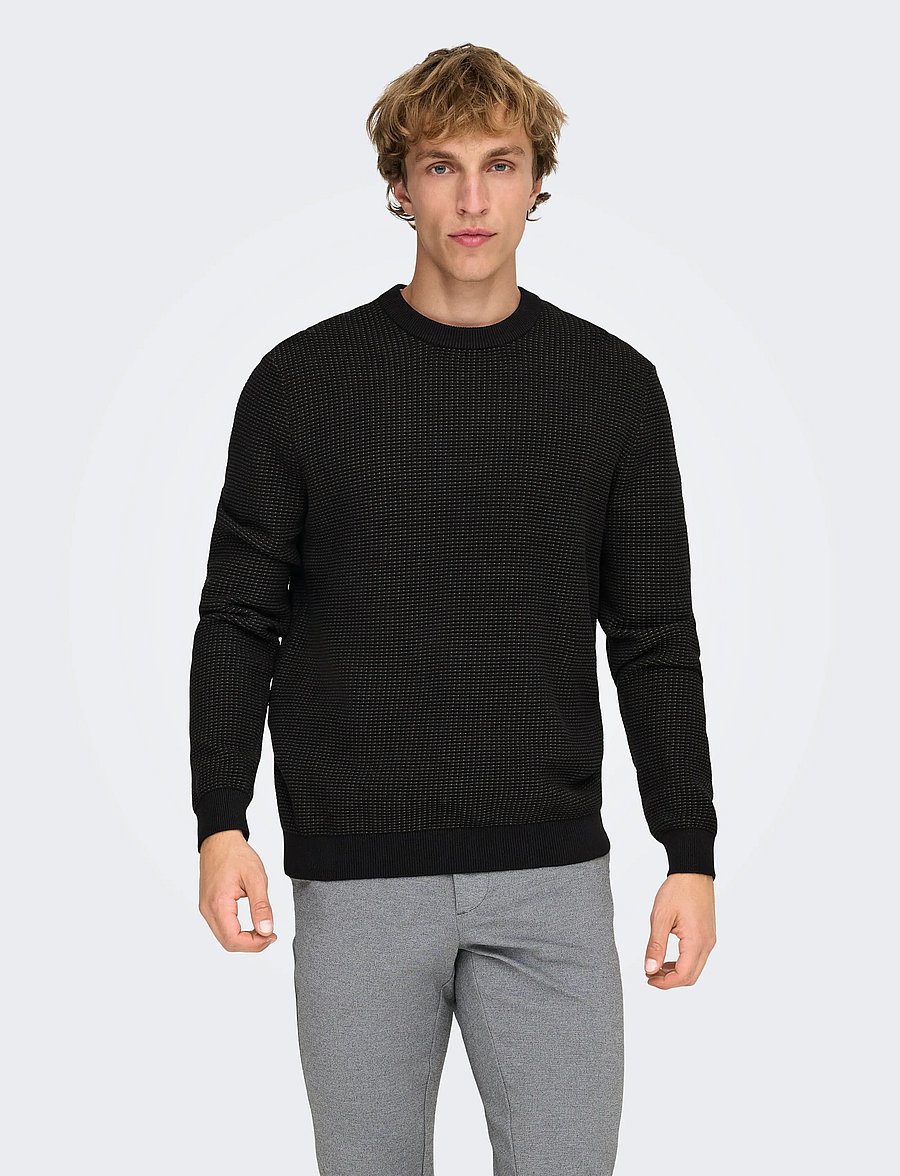 ONLY & SONS - ONSDAVE REG LS CREW NECK KNIT NOOS - Ümara kaelusega - black - 0