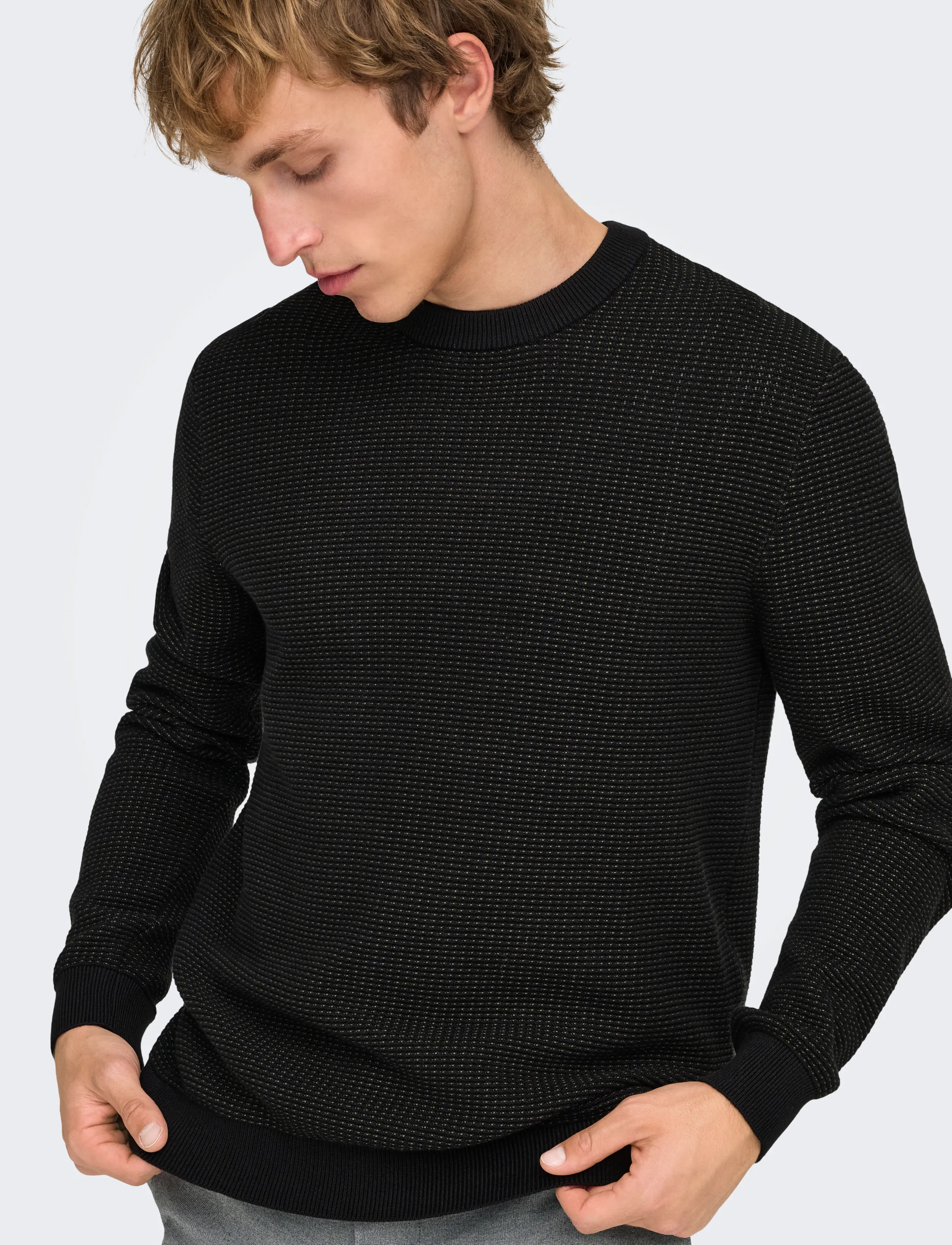 ONLY & SONS ONSDAVE REG LS CREW NECK KNIT NOOS - Strik - BLACK / black