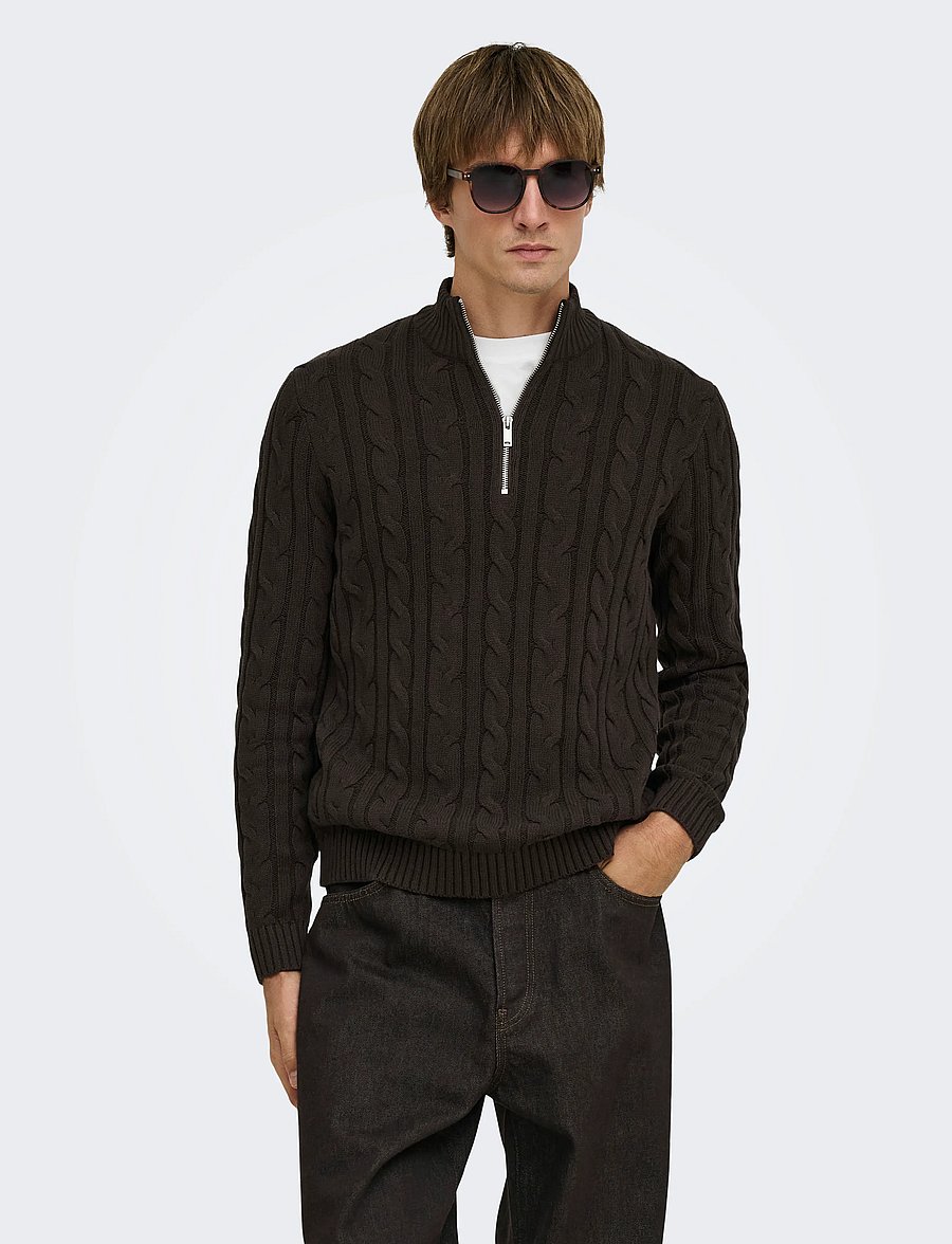 ONLY & SONS - ONSKIM LS CABEL 1/2 ZIP HIGH NECK REG - pullover mit halbem reißverschluss - coffee bean - 0