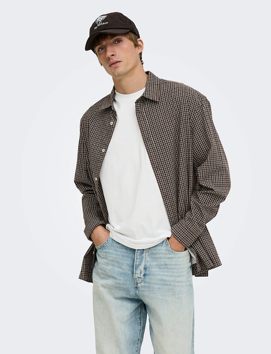 ONLY & SONS - ONSTOMMY CHECK SHIRT RLX NOOS - rutiga skjortor - greige - 0