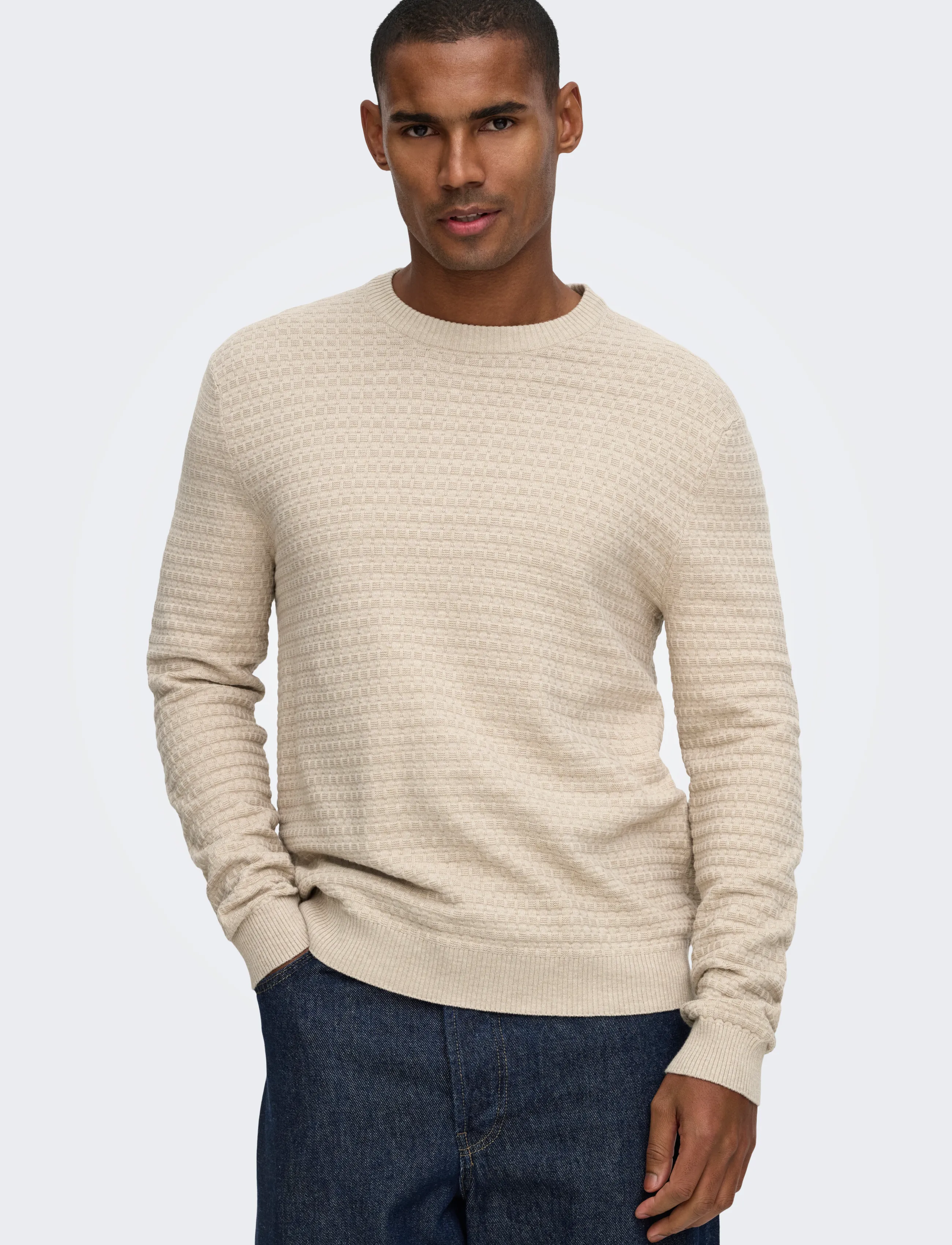 ONLY & SONS ONSLOUI LS STRUCTURE CREW REG NOOS - Strik - OATMEAL / cream