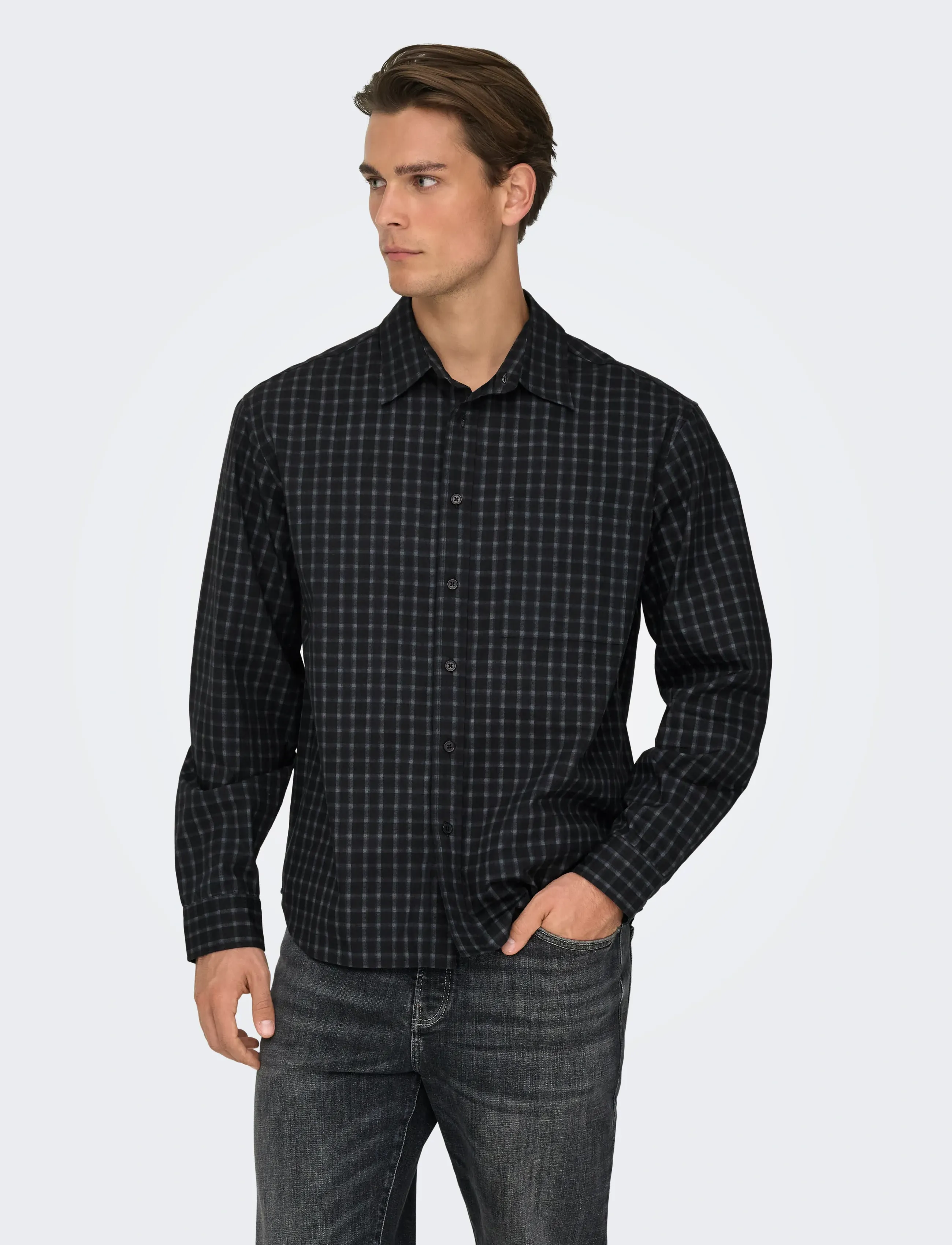 ONLY & SONS Onsbali Poplin Checked Rlx Fit L/S Shirt, L, Black, Shirts > Checkered Shirt, Herre