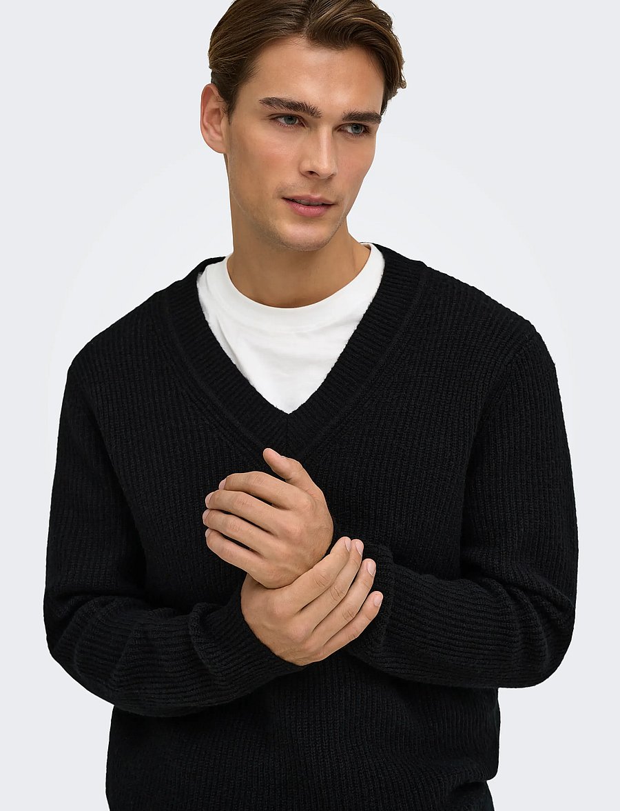 ONLY & SONS - ONSSKY REG LS V-NECK KNIT FRML - black - 5