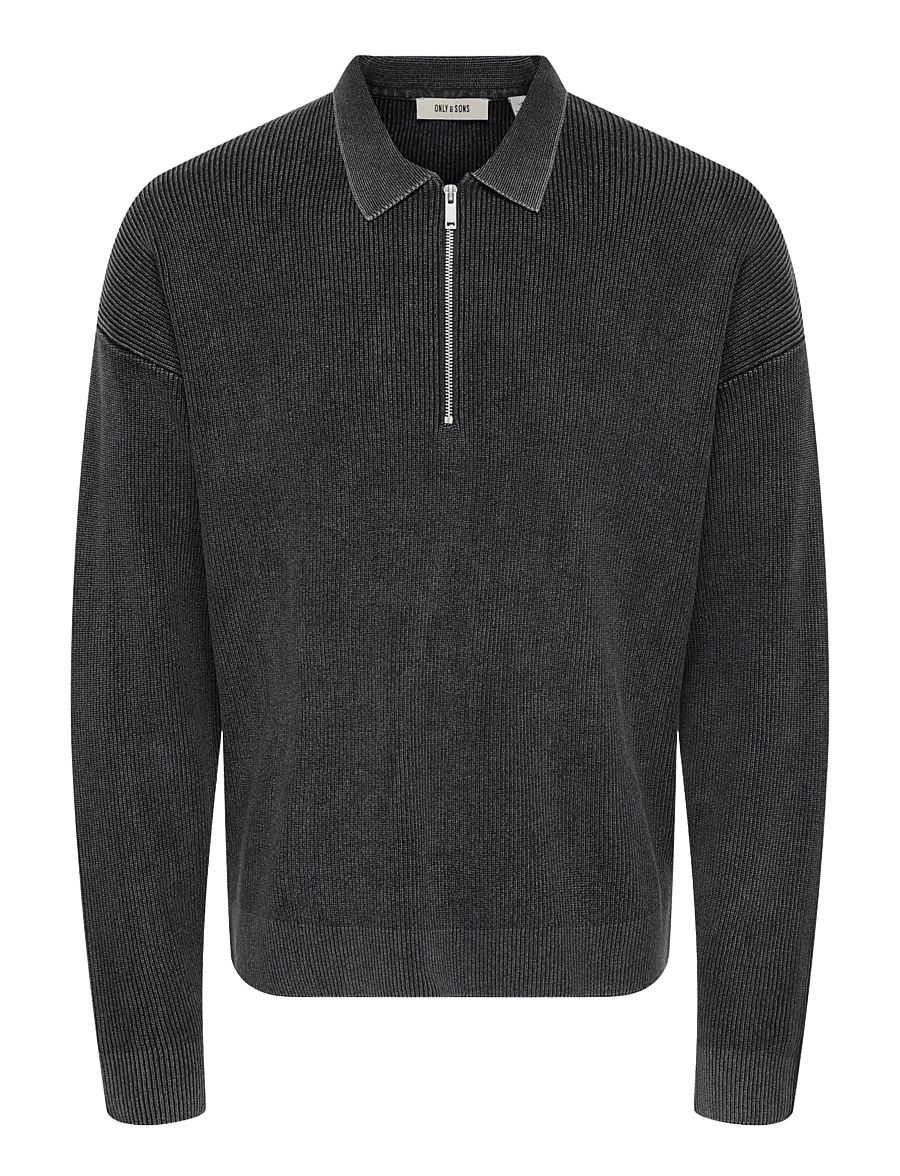 ONLY & SONS - ONSWILLUM DS ZIP POLO WASHED KNIT - långärmade stickade pikétröjor - black - 1