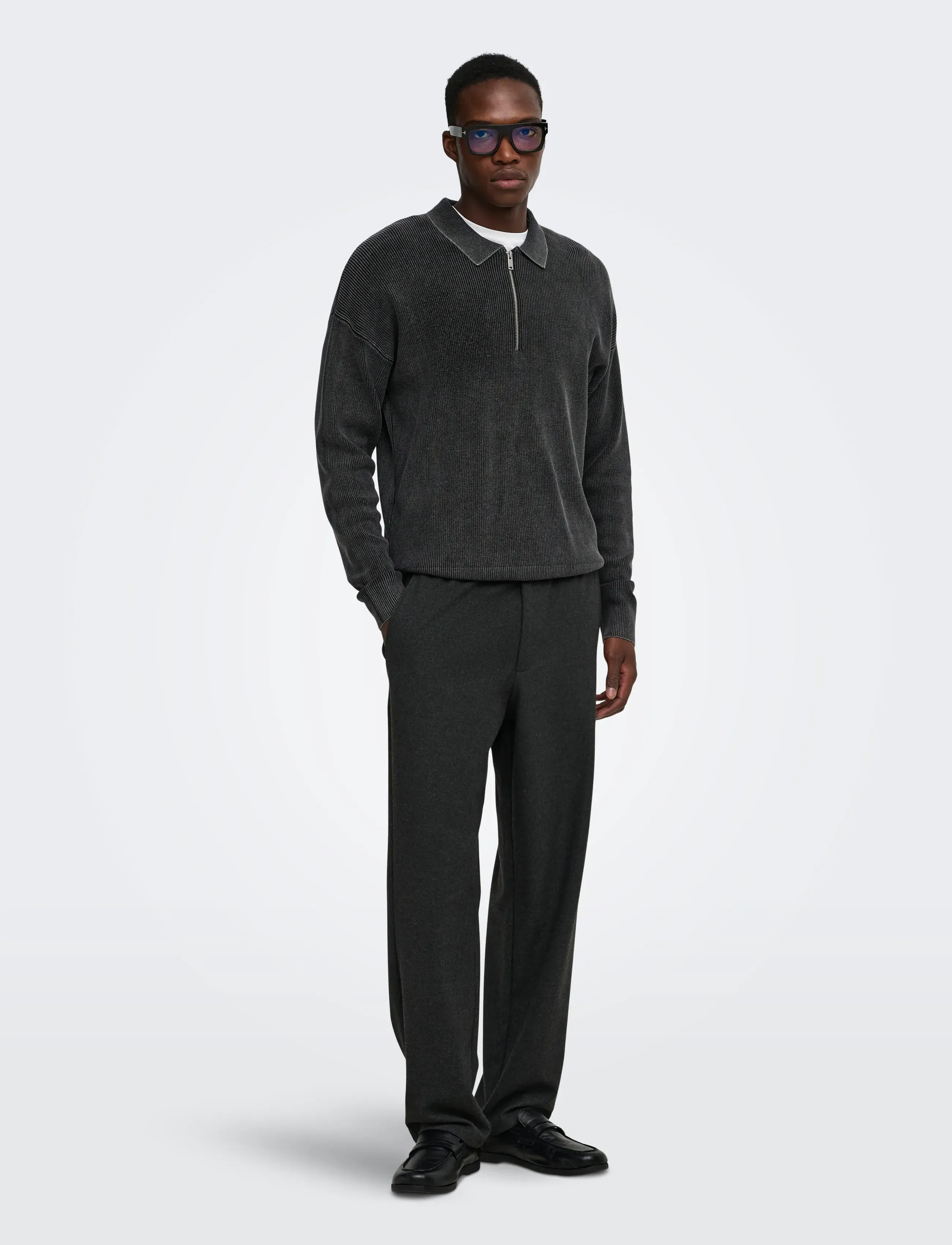 ONLY & SONS - ONSWILLUM DS ZIP POLO WASHED KNIT - långärmade stickade pikétröjor - black - 4