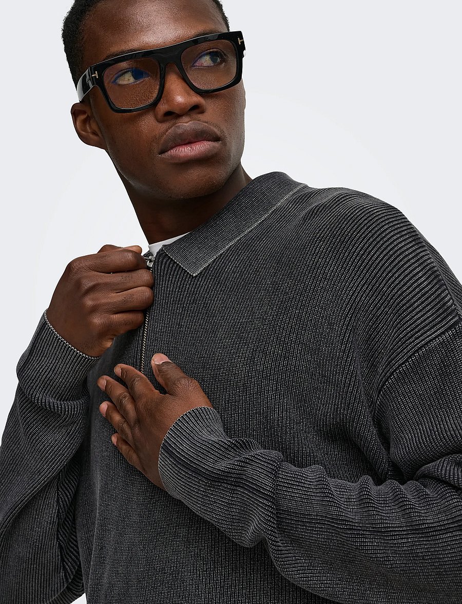 ONLY & SONS - ONSWILLUM DS ZIP POLO WASHED KNIT - långärmade stickade pikétröjor - black - 5