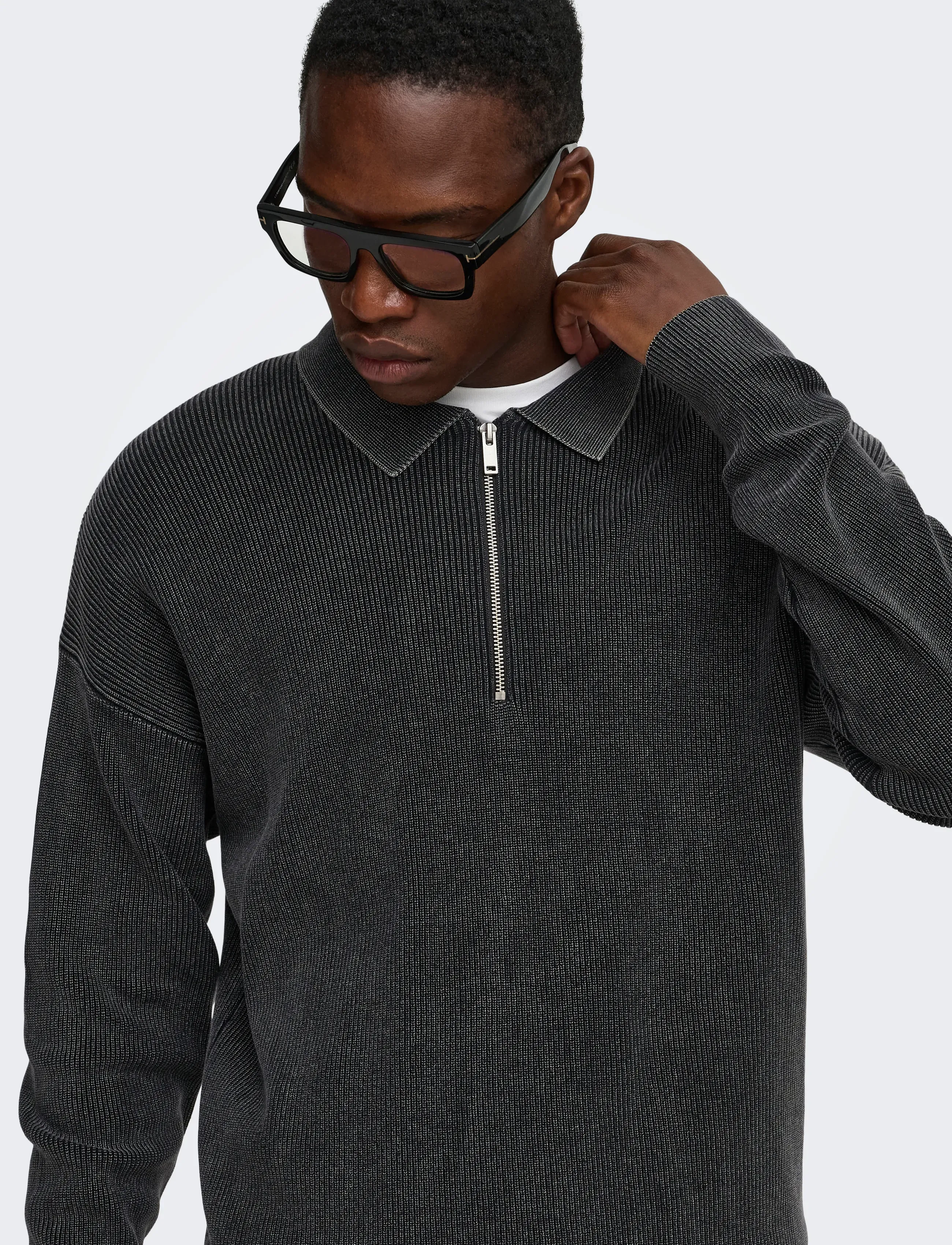 ONLY & SONS ONSWILLUM DS ZIP POLO WASHED KNIT - Kleidung - BLACK / black
