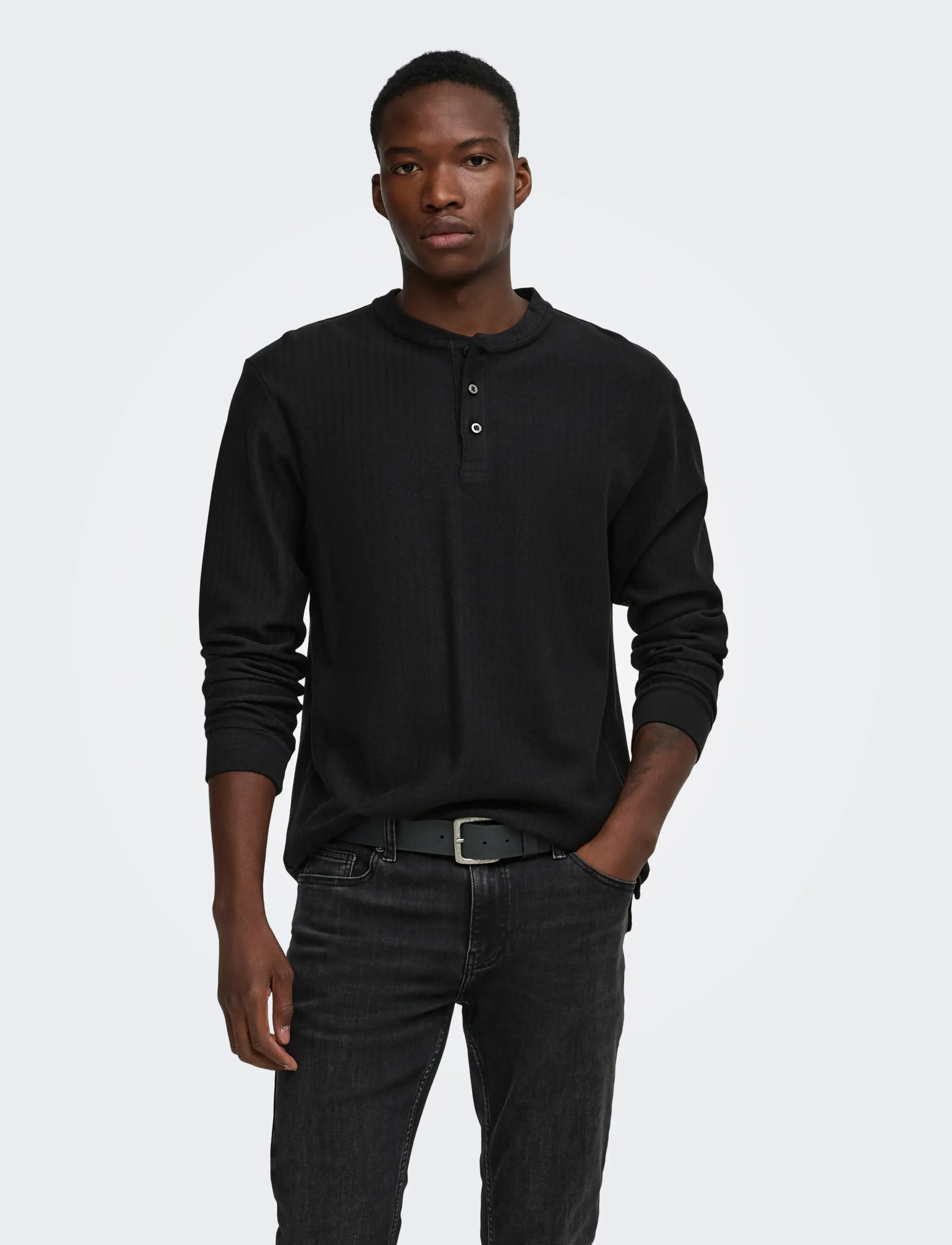 ONLY & SONS ONSEDDY HERRINGBONE LS  HENLEY TEE - ONLY & SONS - BLACK / black