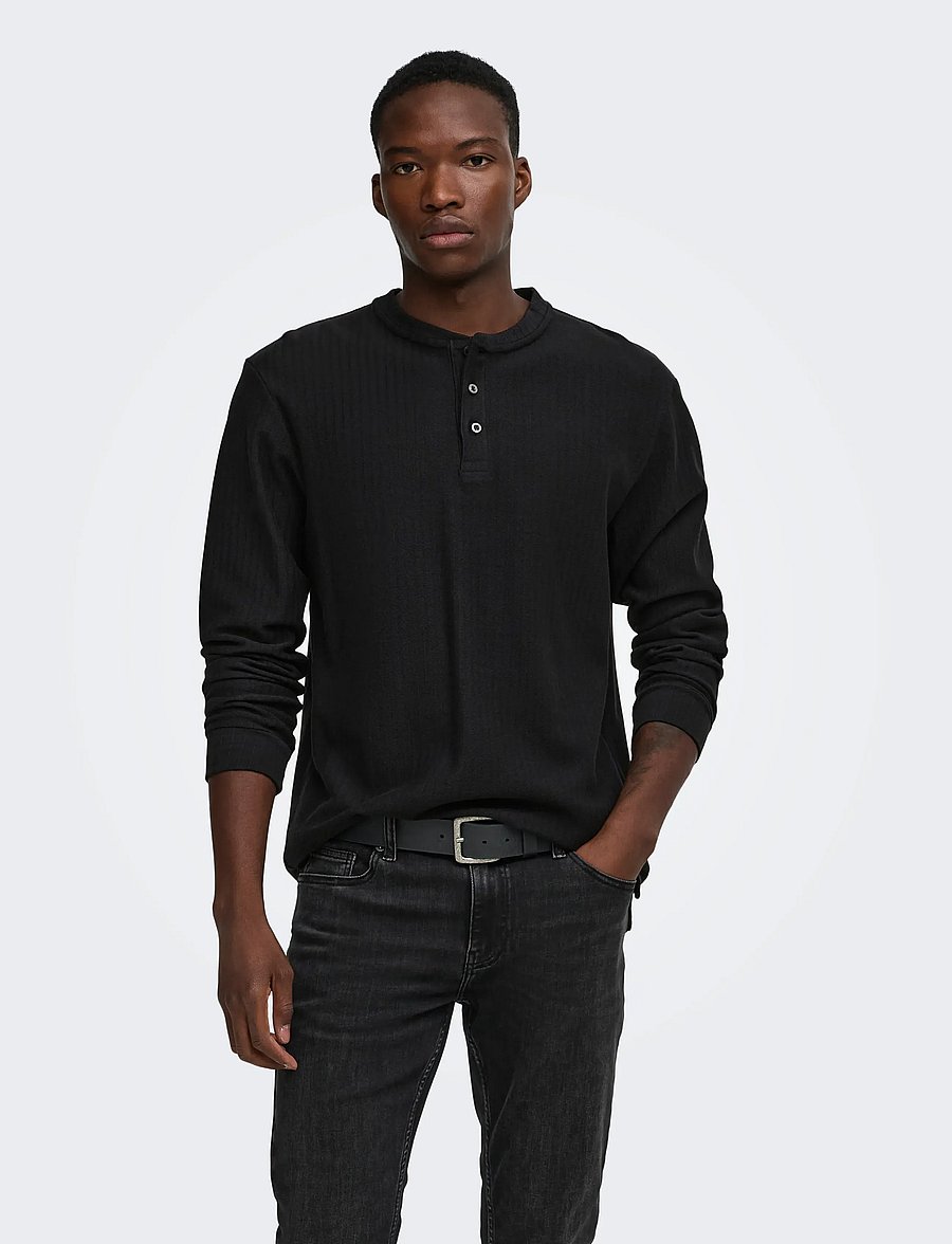 ONLY & SONS - ONSEDDY HERRINGBONE LS HENLEY TEE - langärmelige t-shirts - black - 0