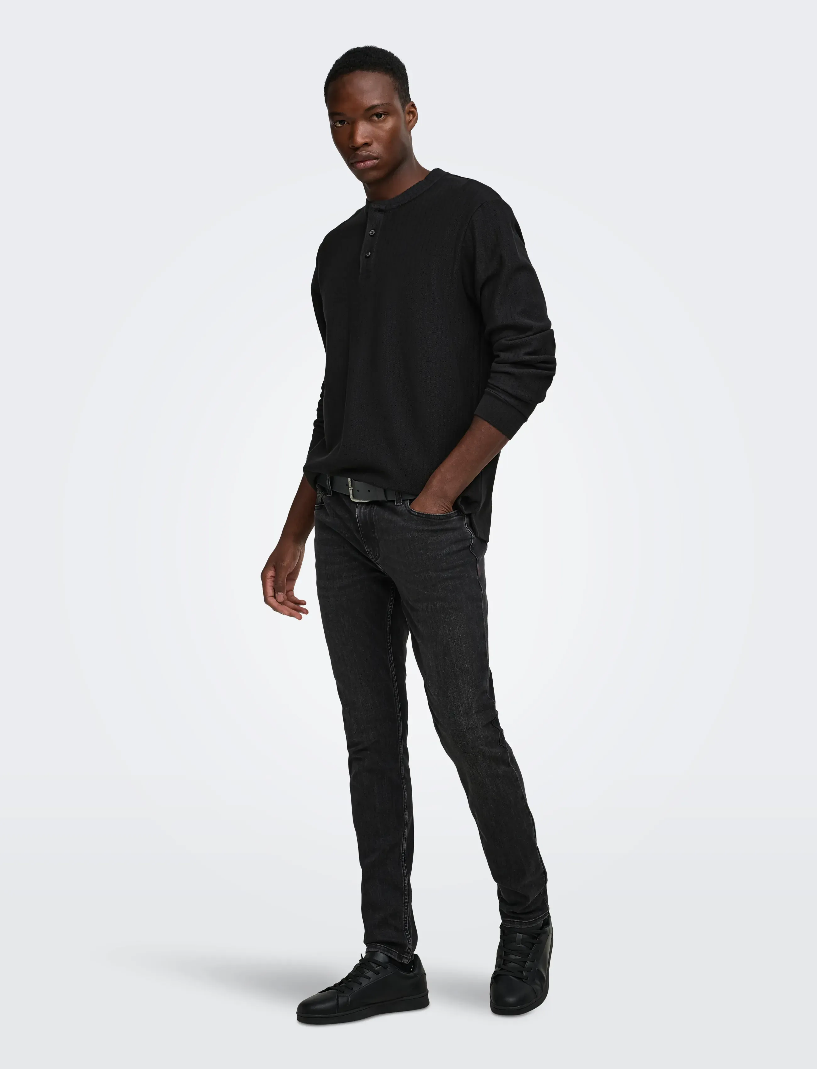 ONLY & SONS - ONSEDDY HERRINGBONE LS  HENLEY TEE - langärmelige t-shirts - black - 4