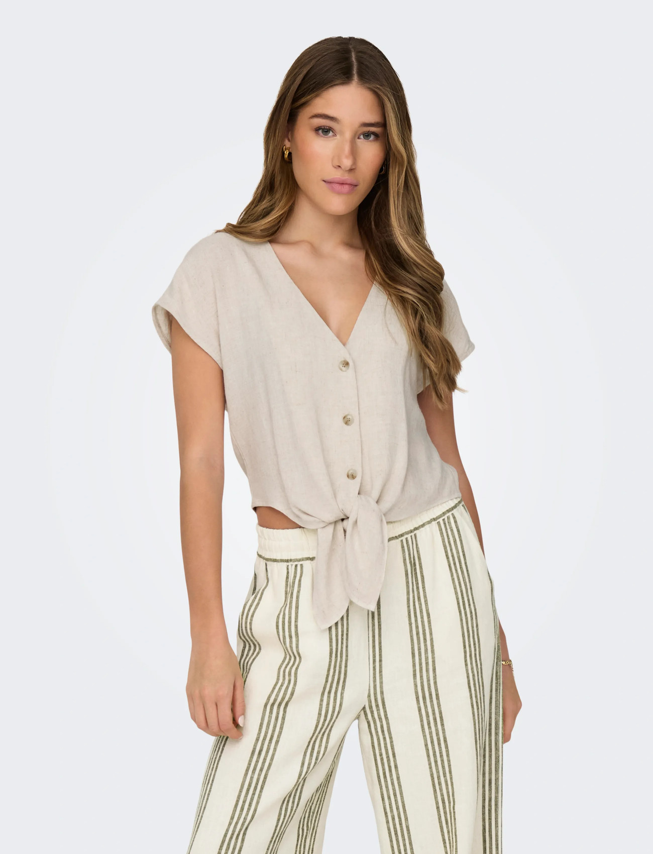 ONLY Onlsiesta Ss Knot Lin Bl Shirt Pnt Noos - Cream - XS