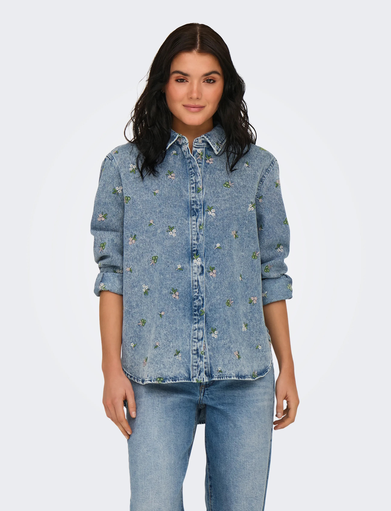 ONLY Onlvera L/S Flower Emb Shirt Dnm Noos - Blue - XS