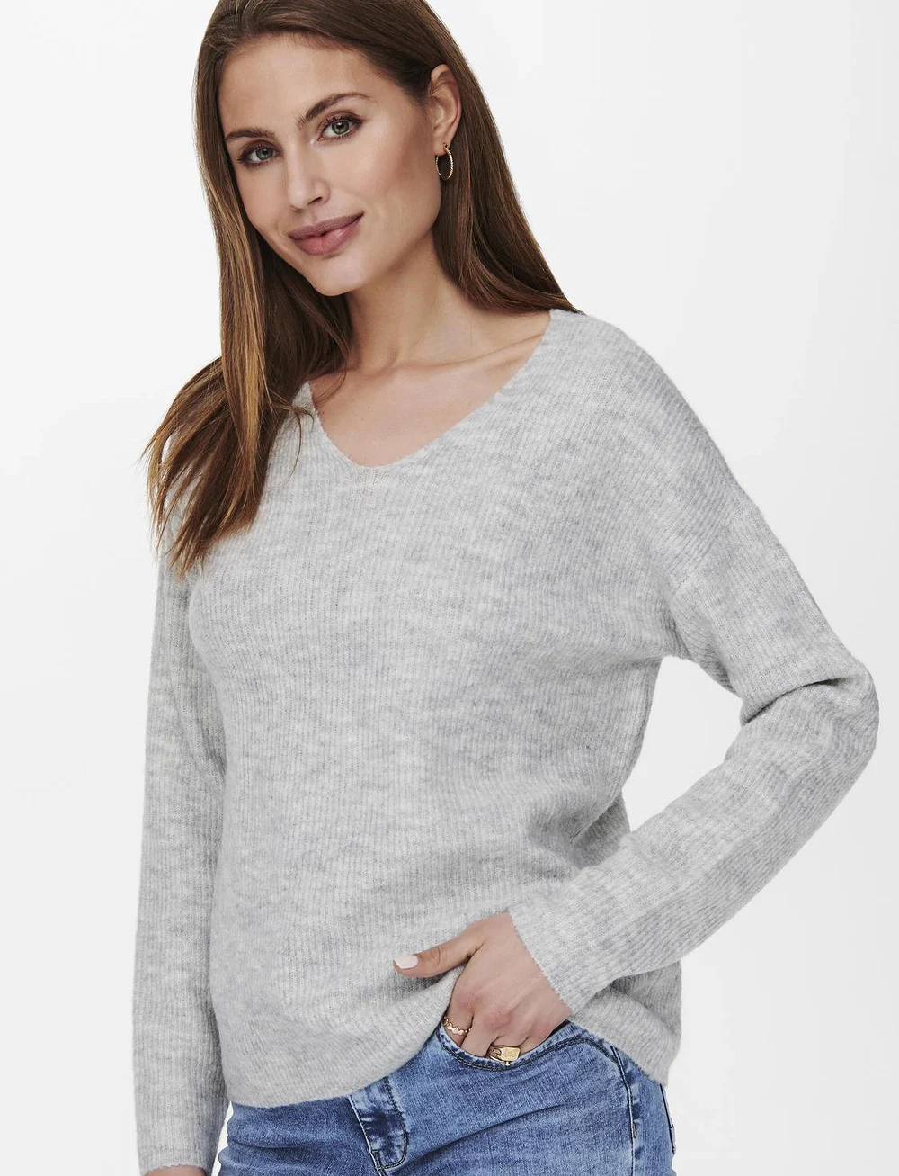 ONLY - ONLCAMILLA V-NECK L/S PULLOVER KNT NOOS - stickade tröjor - light grey melange - 4