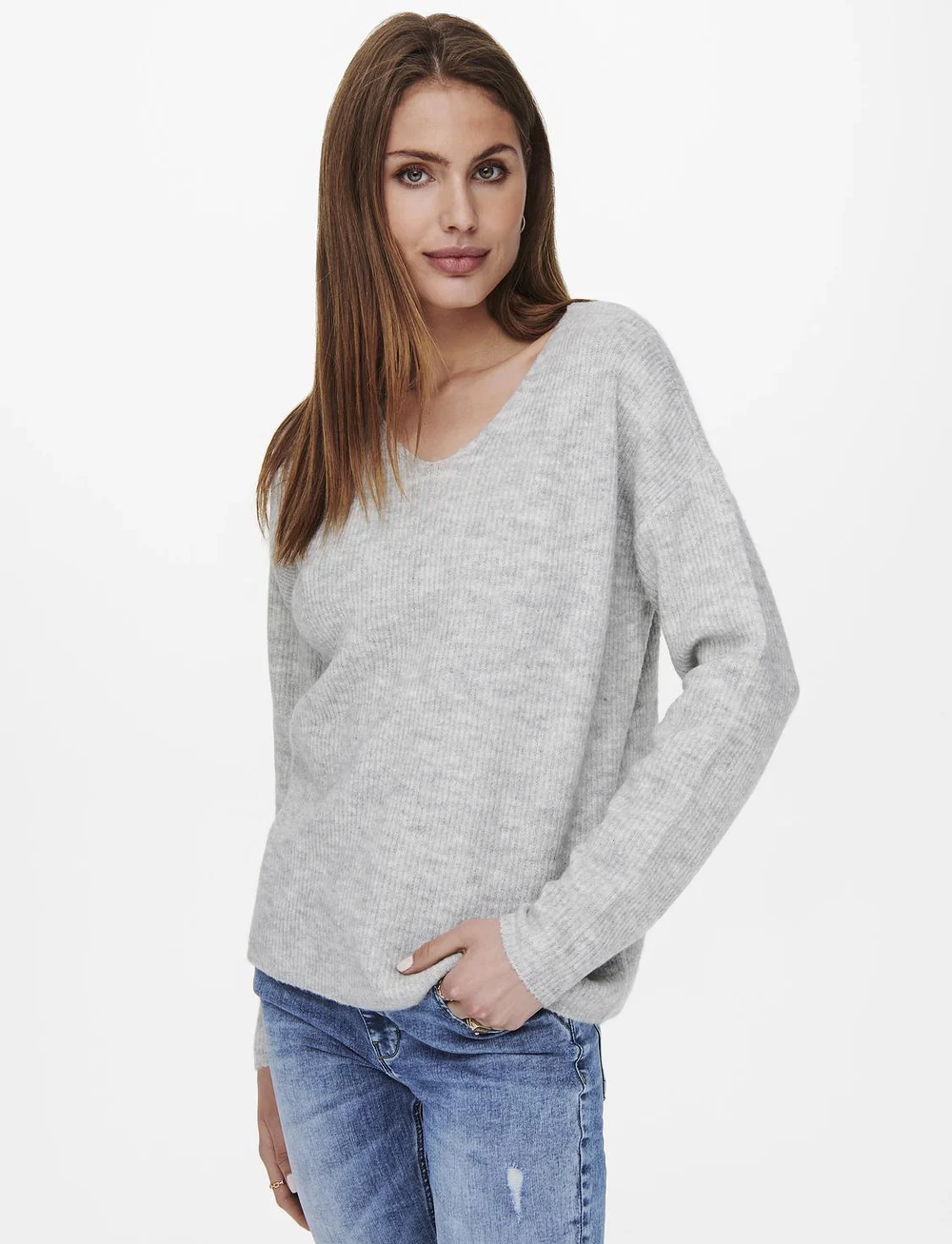 ONLY - ONLCAMILLA V-NECK L/S PULLOVER KNT NOOS - stickade tröjor - light grey melange - 5