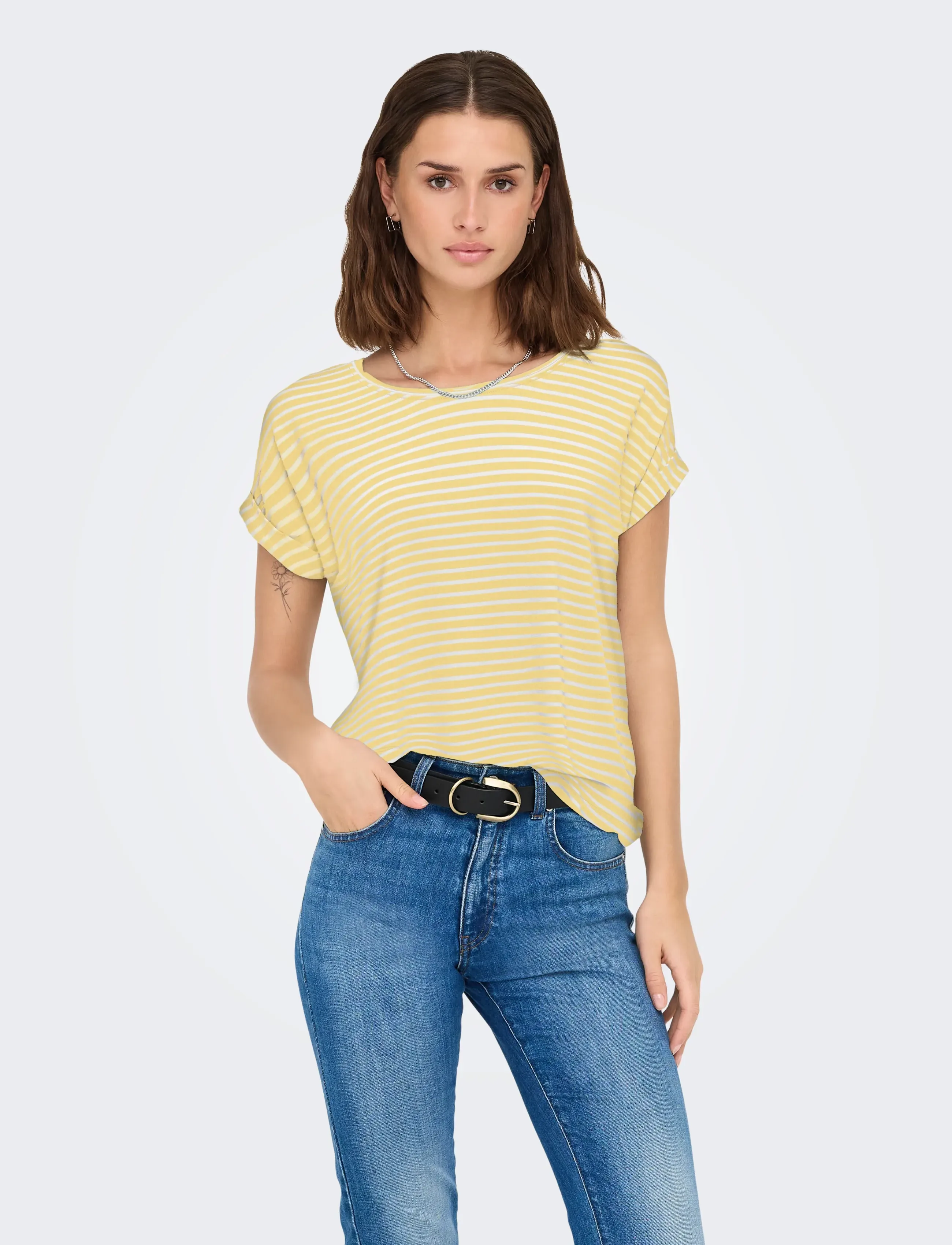 ONLY ONLMOSTER STRIPE S/S O-NECK TOP JRS NOOS - T-shirts & Toppar - PALE BANANA / yellow
