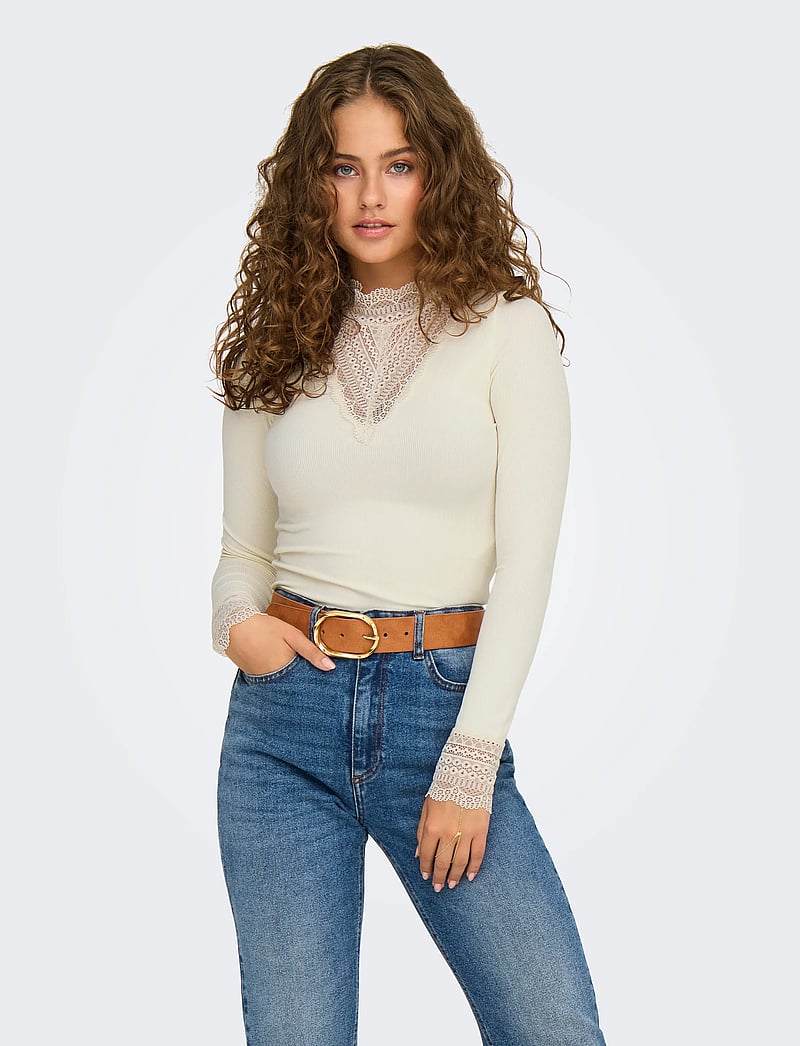 ONLY - ONLTILDE L/S HIGH NECK LACE TOP JRS NOOS - långärmade toppar - birch - 0