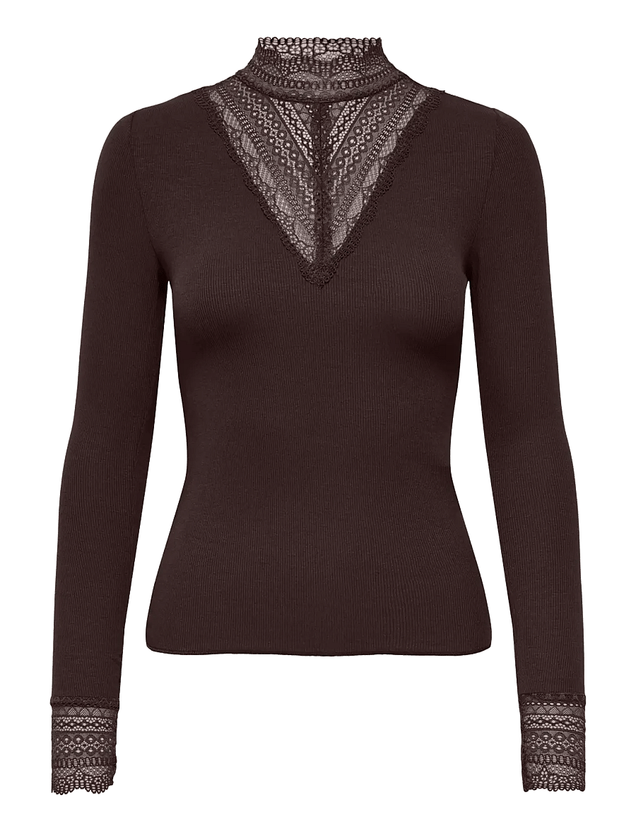 ONLY - ONLTILDE L/S HIGH NECK LACE TOP JRS NOOS - langärmlige tops - chocolate torte - 0