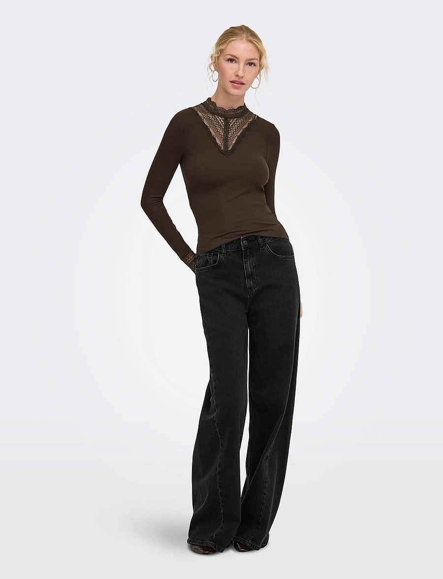 ONLY - ONLTILDE L/S HIGH NECK LACE TOP JRS NOOS - långärmade toppar - chocolate torte - 4