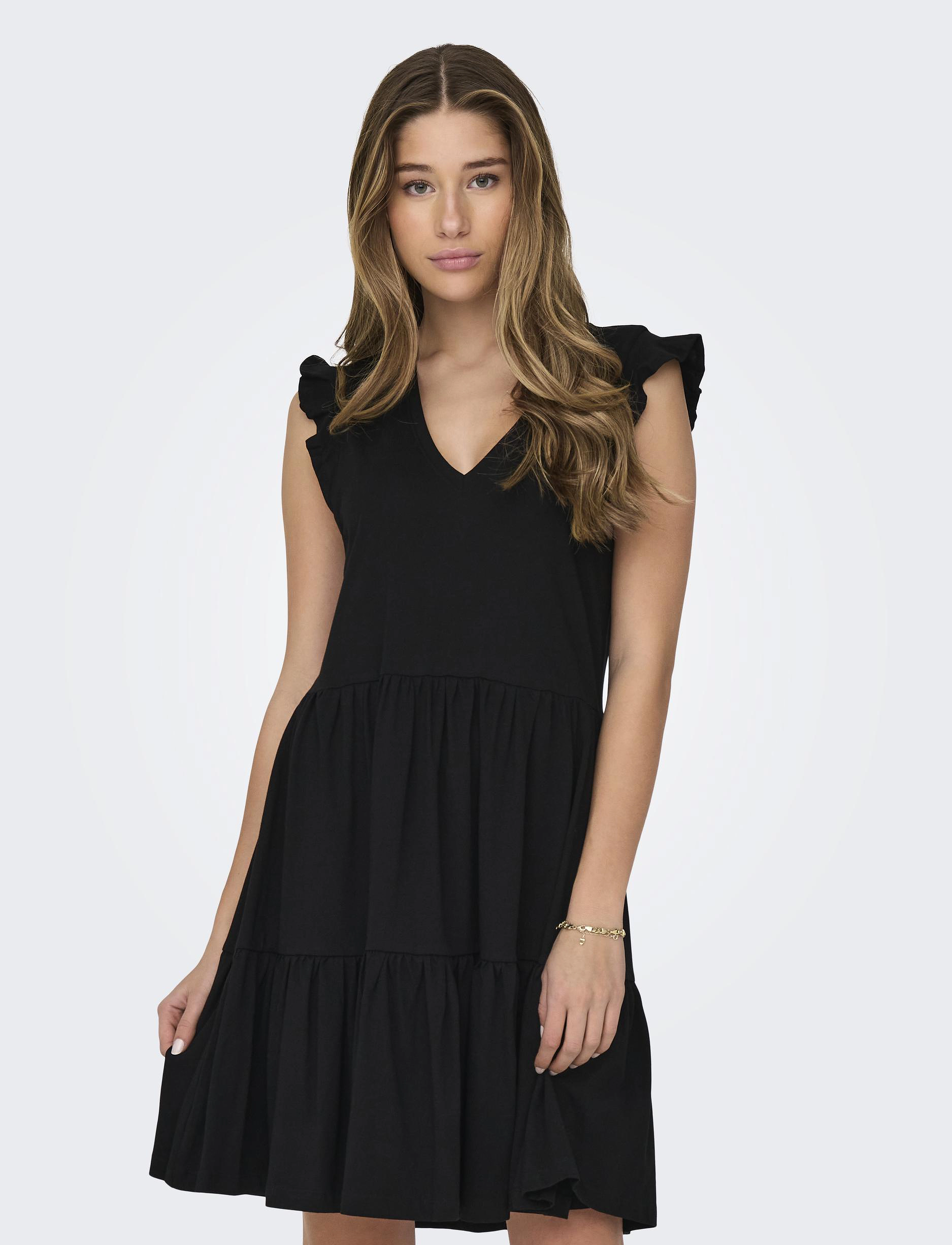 ONLY Onlmay Cap Sleev Fril Dress Jrs Noos, Kvinder, Kappeærmet Flæsekjole, Sort, Str: XS