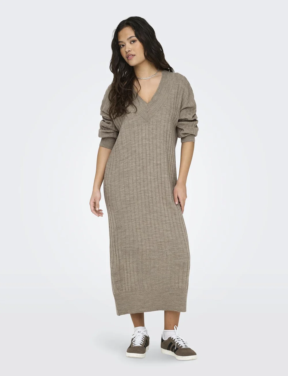 ONLY - ONLNEW TESSA L/S MIDI V DRESS KNT - stickade klänningar - beige - 4