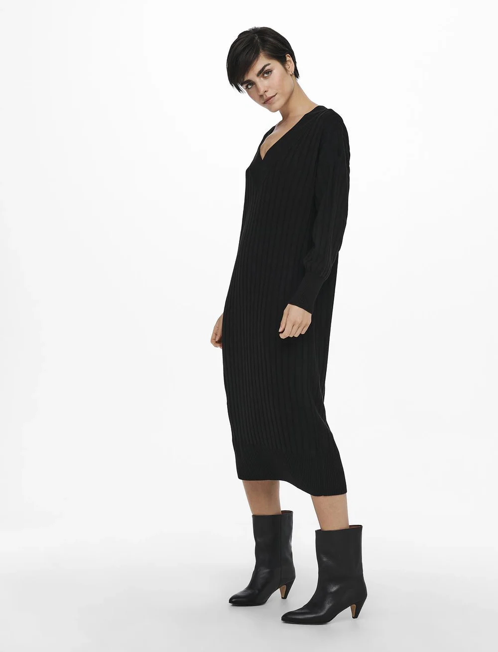 ONLY - ONLNEW TESSA L/S MIDI V DRESS KNT - knitted dresses - black - 5