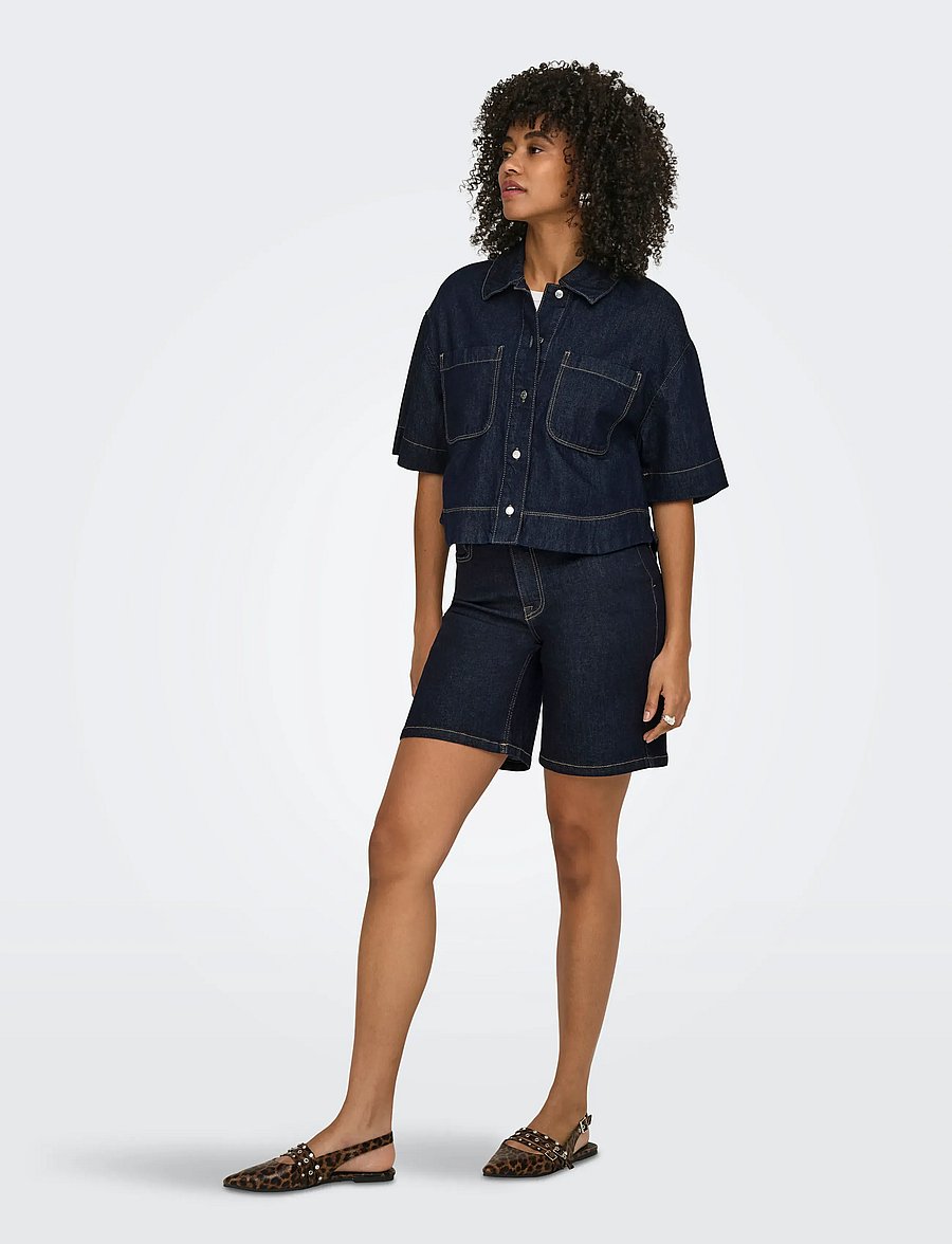 ONLY - ONLCLEO LIFE SS CROP DNM SHIRT PIM NOOS - denimskjorter - dark blue denim - 4