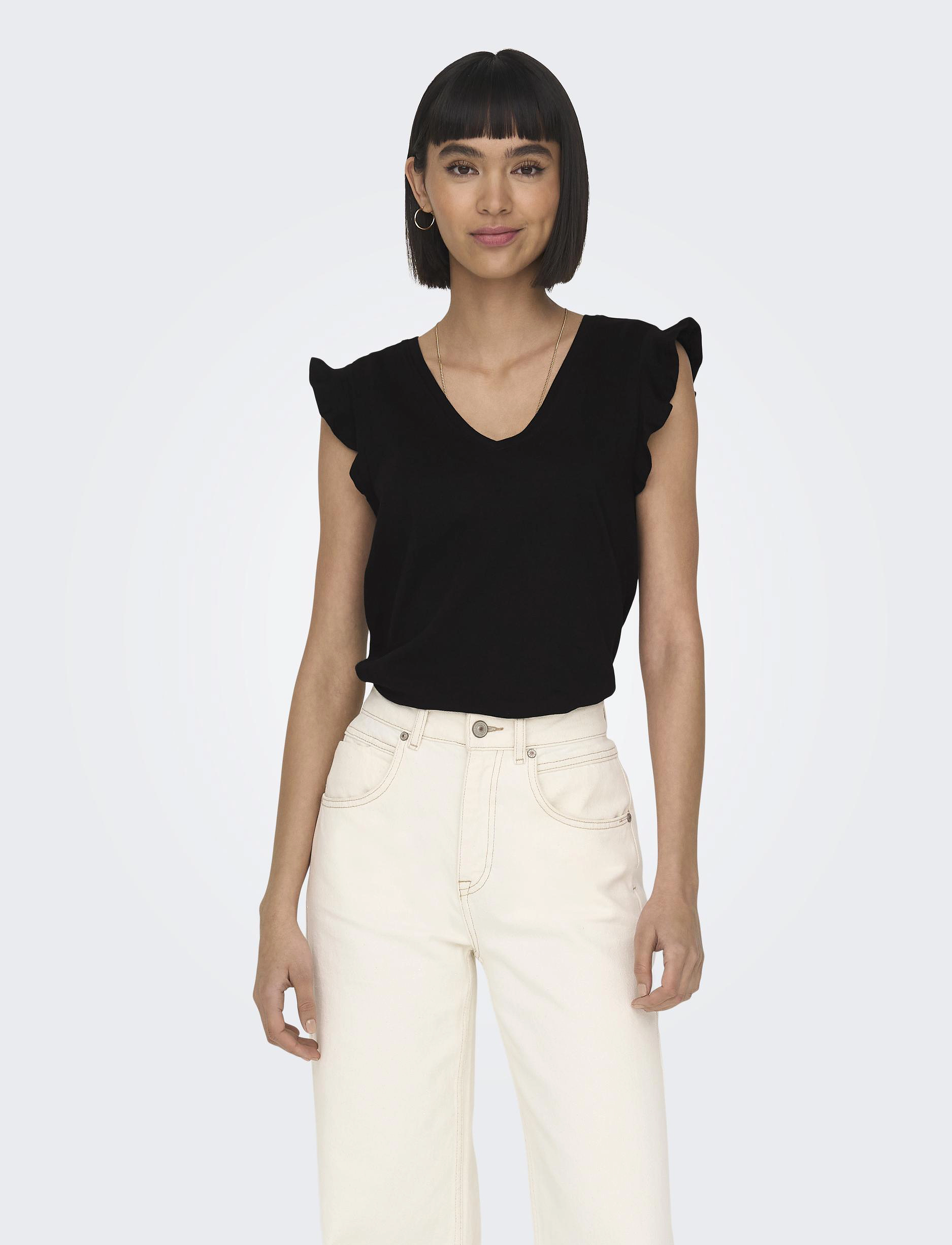 ONLY ONLMAY S/S FRILL V-NECK TOP BOX JRS - T-Shirts & Tops - BLACK / black