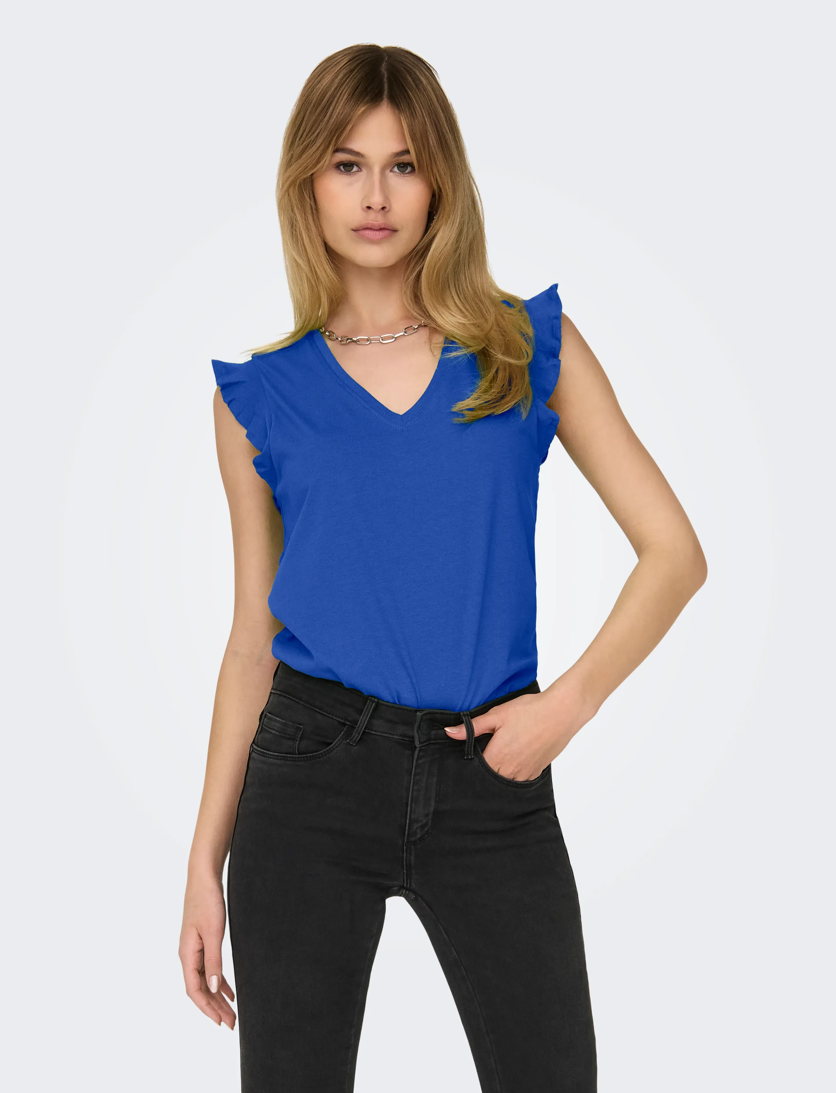 ONLY Onlmay Life S/S Frill V-Neck Top Box Jrs, S, T-shirts & Oberteile, Blau - Short-sleeved, Frauen