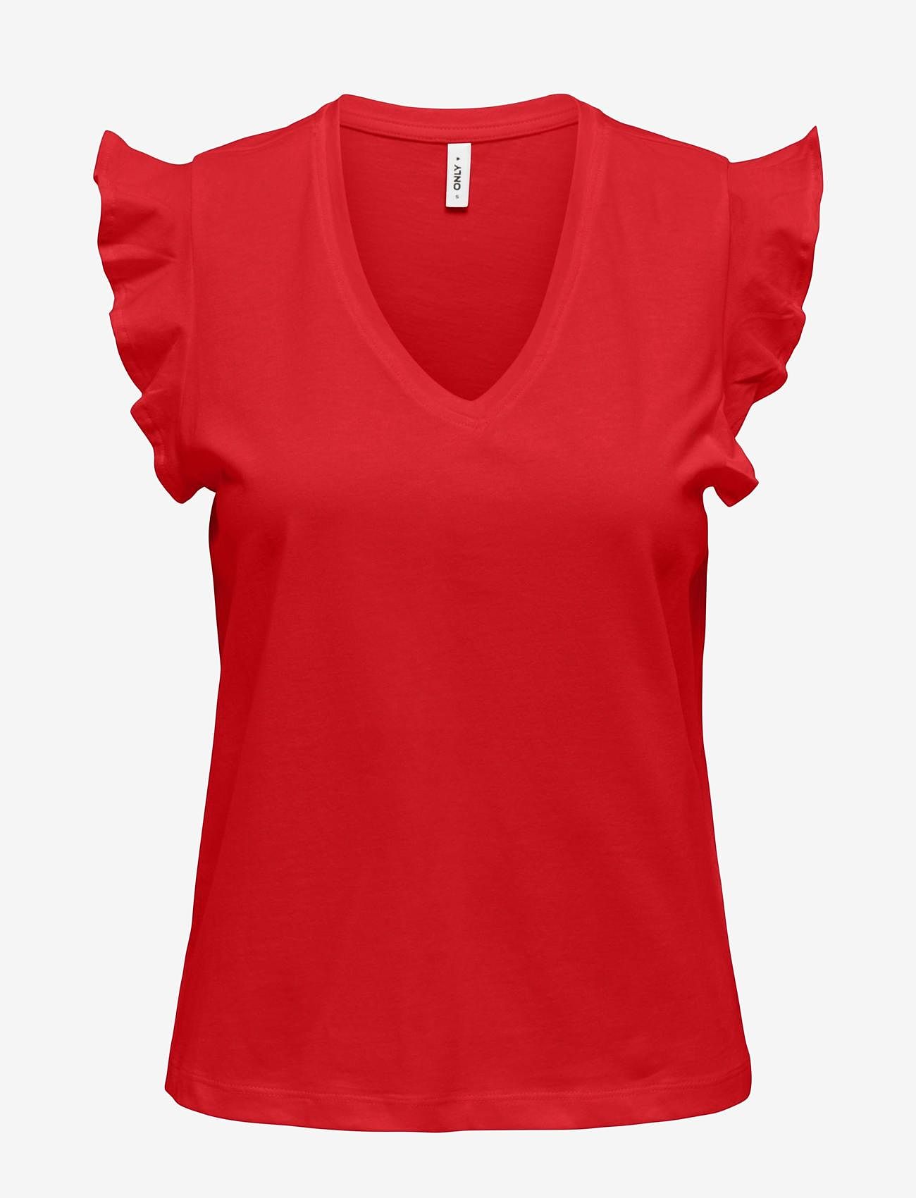 ONLY - ONLMAY S/S FRILL V-NECK TOP BOX JRS - t-shirts - flame scarlet - 1