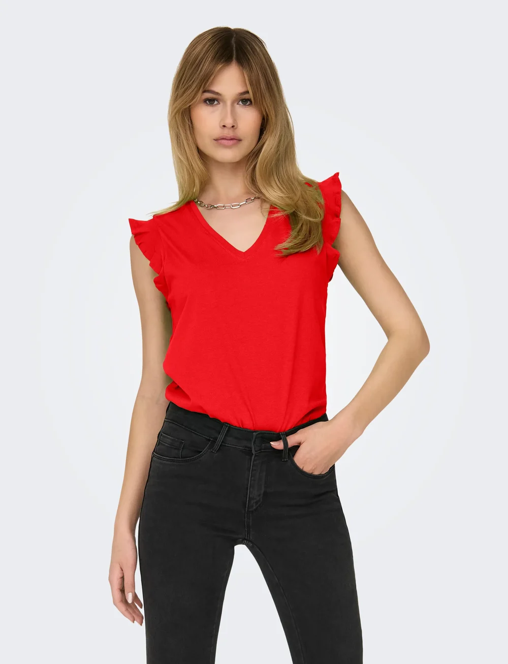 ONLY - ONLMAY LIFE S/S FRILL V-NECK TOP BOX JRS - t-shirts - flame scarlet - 0