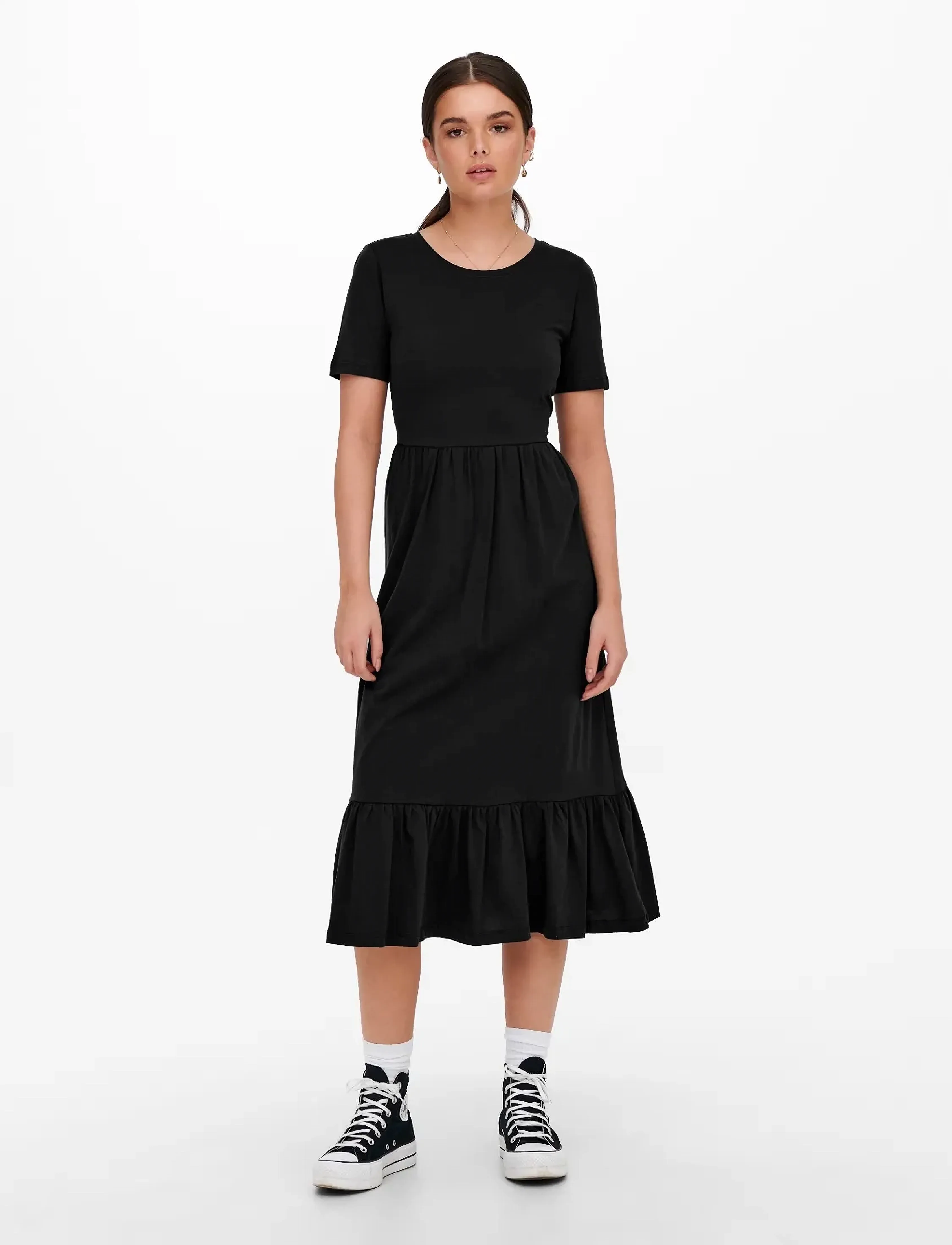 ONLY Onlmay Life S/S Peplum Calf Dress Jrs, Kvinder, Kortærmet Peplum Midikjole, Sort, Str: S