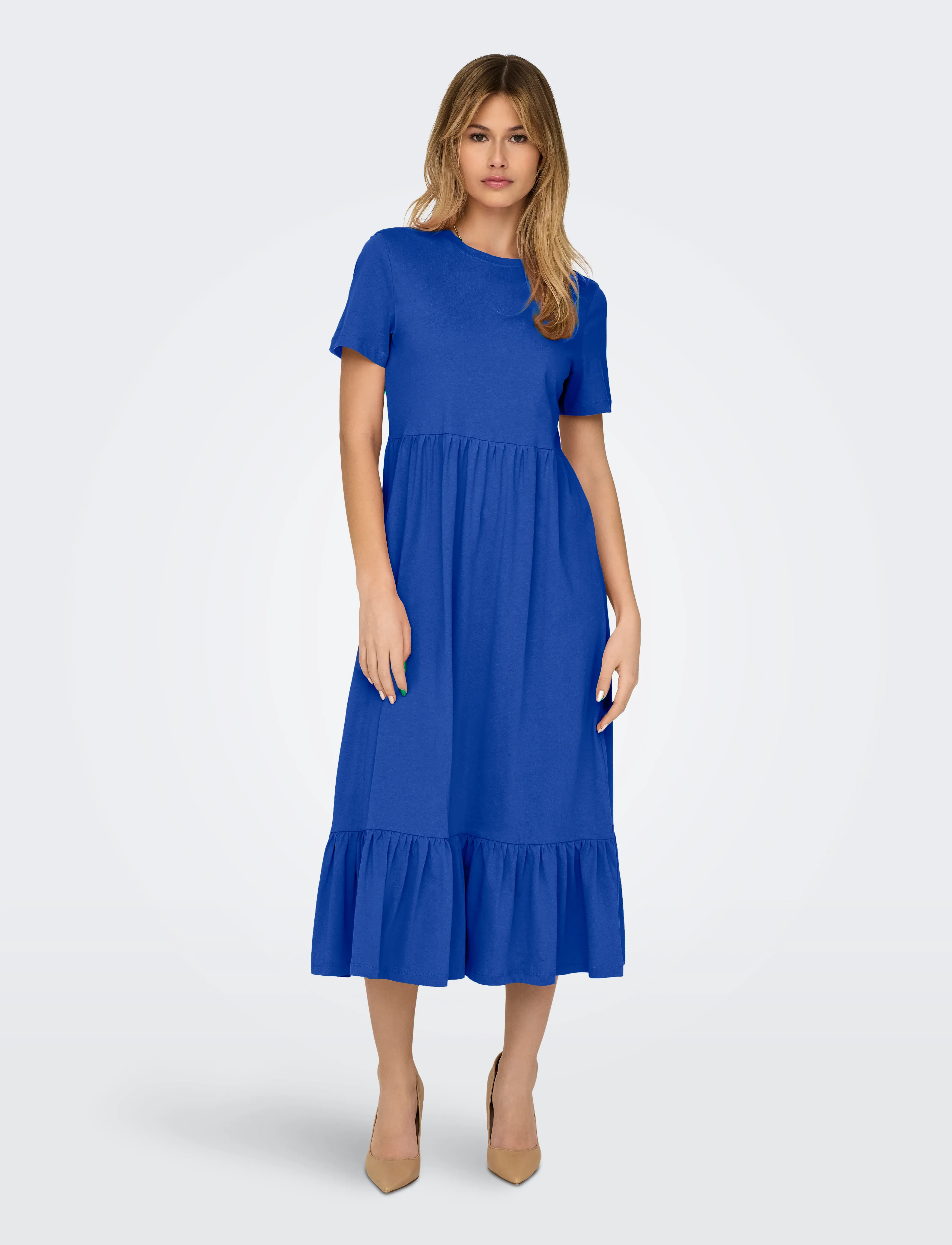 ONLY Onlmay Life S/S Peplum Calf Dress Jrs, Kvinder, Kortærmet Peplum Midikjole, Blå, Str: XS