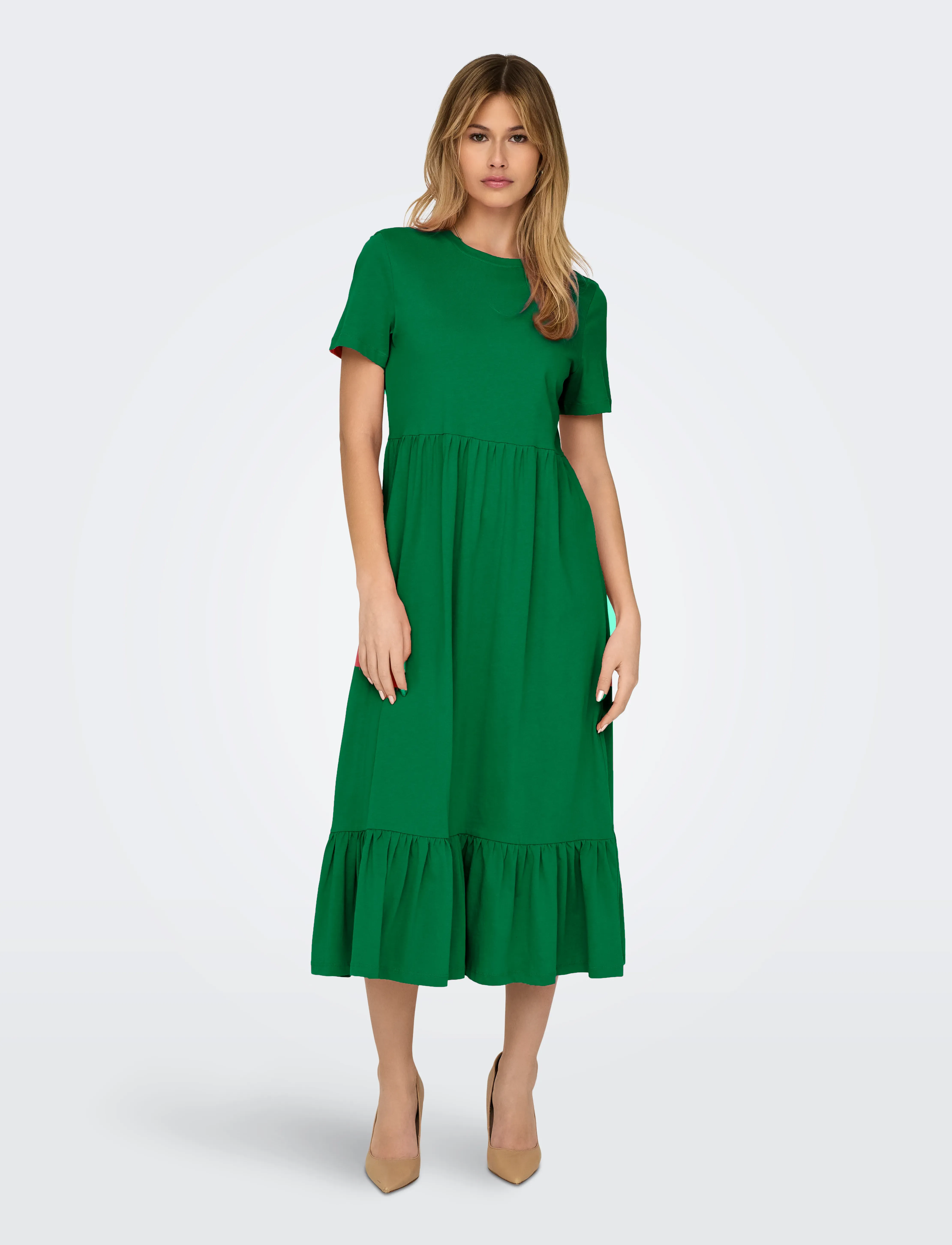 ONLY Onlmay Life S/S Peplum Calf Dress Jrs, Kvinder, Kortærmet Peplum Midikjole, Grøn, Str: S