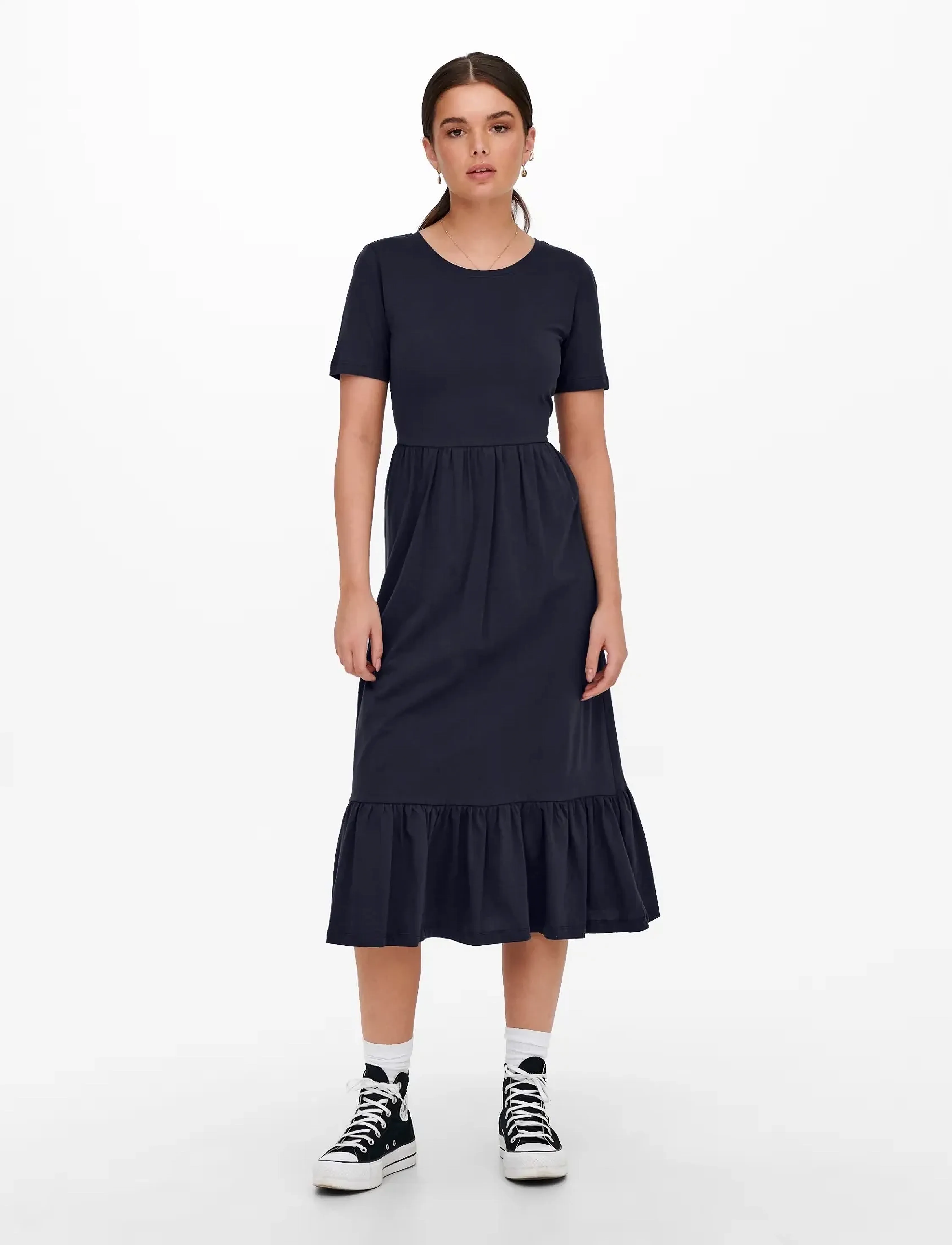 ONLY Onlmay Life S/S Peplum Calf Dress Jrs, Kvinder, Kortærmet Peplum Midikjole, Navy, Str: S