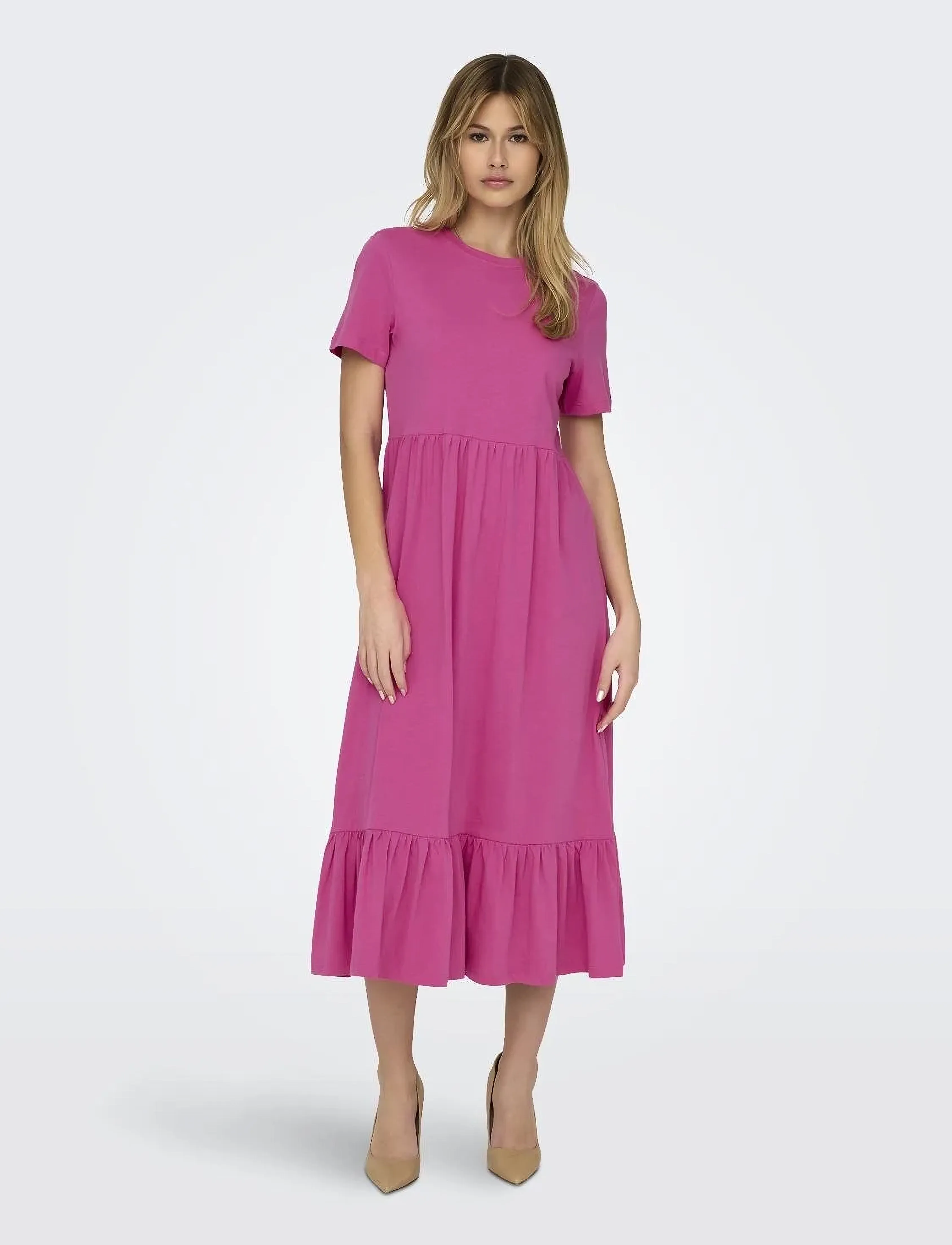 ONLY Onlmay Life S/S Peplum Calf Dress Jrs, Kvinder, Kortærmet Peplum Midikjole, Pink, Str: M