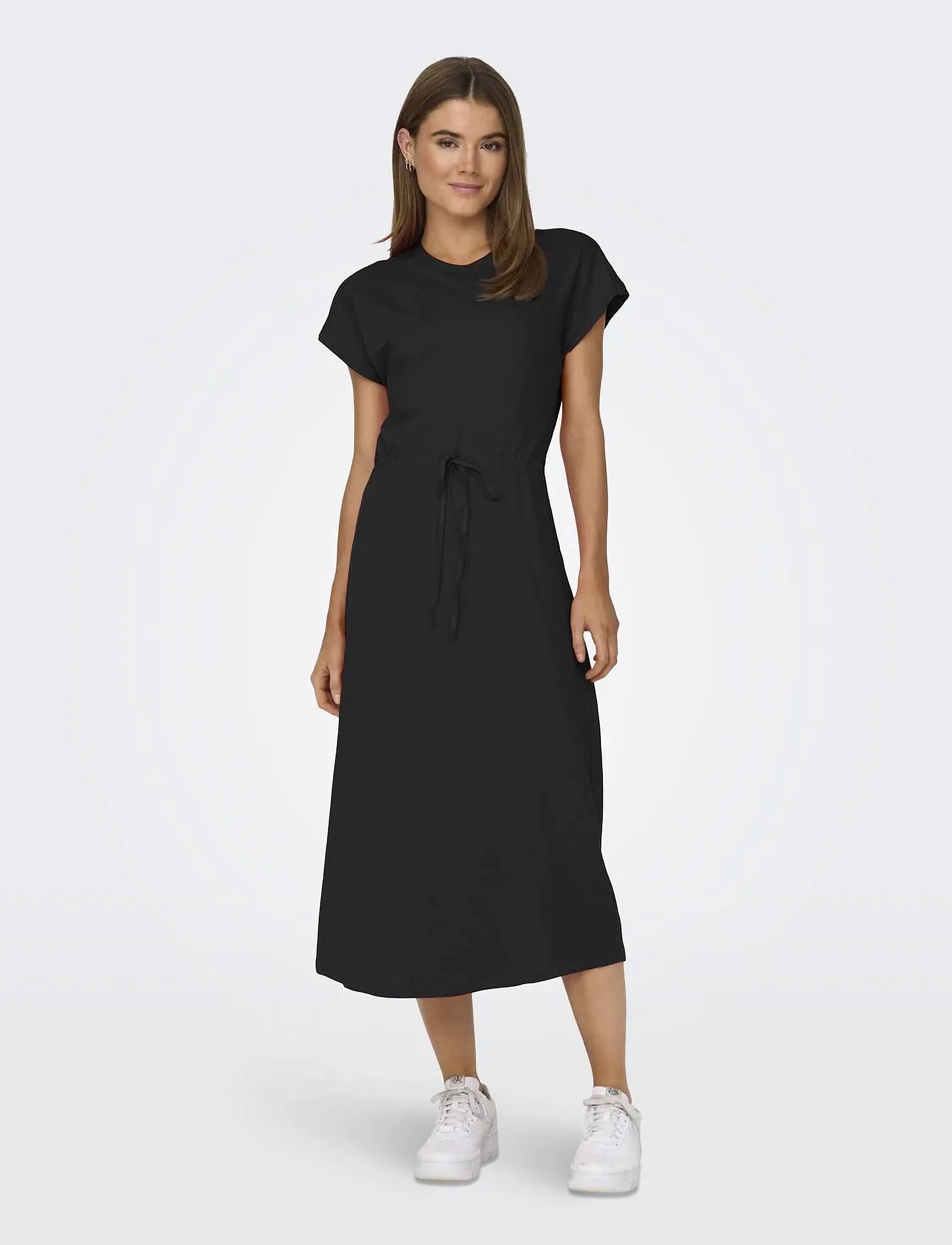 ONLY Onlmay Life S/S Midi Dress Box Jrs, Kvinder, Stribet Kortærmet Snøre Midi Kjole, Sort, Str: XS