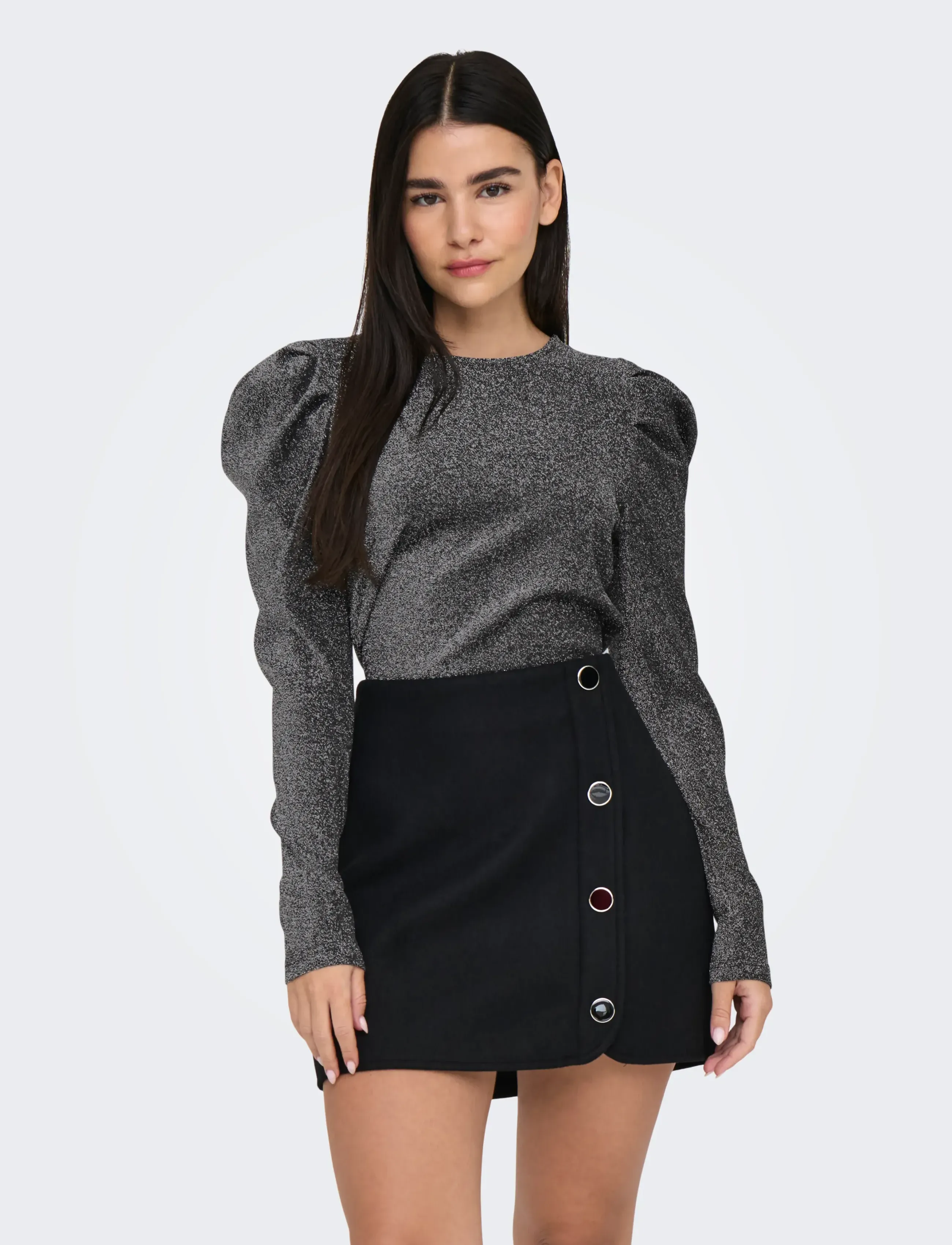 ONLY Onlrich L/S Glitter Puff Top Jrs, S, T-shirts & Oberteile, Grau - Long-sleeved, Frauen