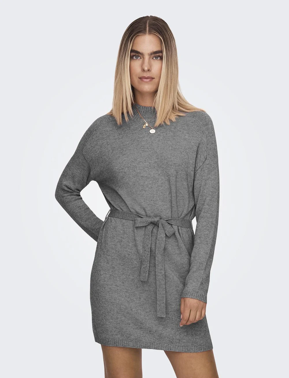 ONLY - ONLLEVA LS BELT DRESS EX KNT - stickade klänningar - medium grey melange - 0