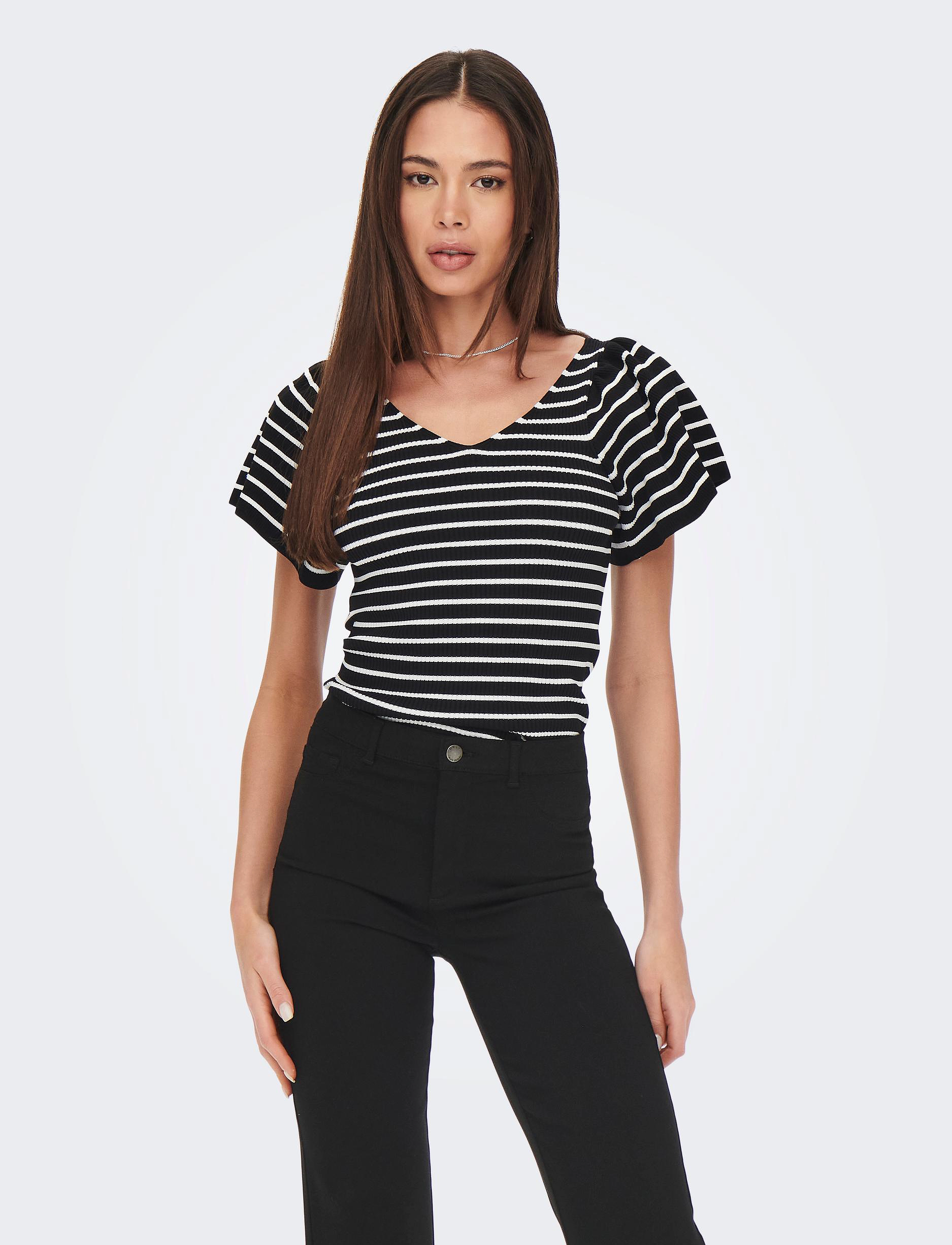 ONLY - ONLLEELO STRIPE S/S BACK V-NECK KNT NOOS - black - 0